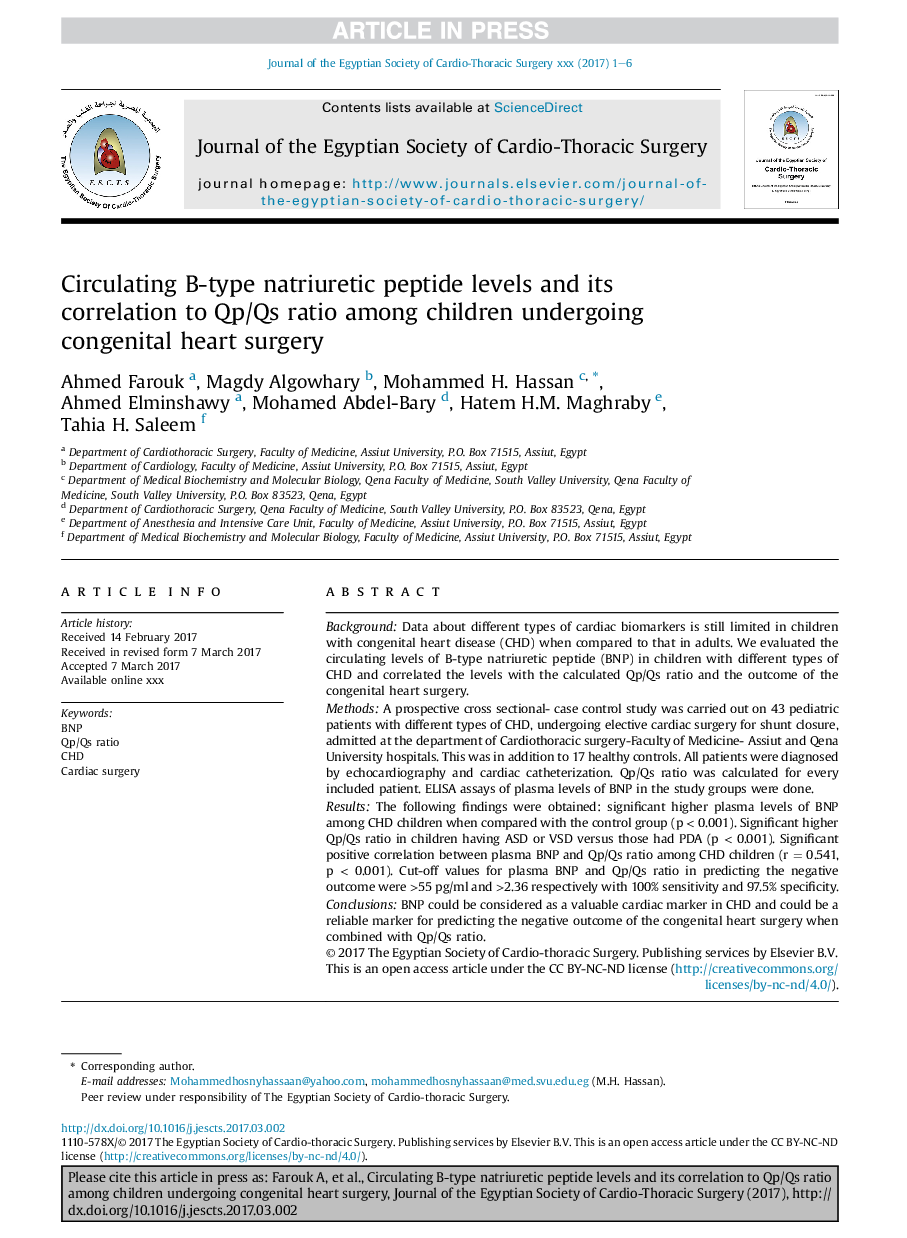 Circulating B-type natriuretic peptide levels and its correlation to Qp/Qs ratio among children undergoing congenital heart surgery