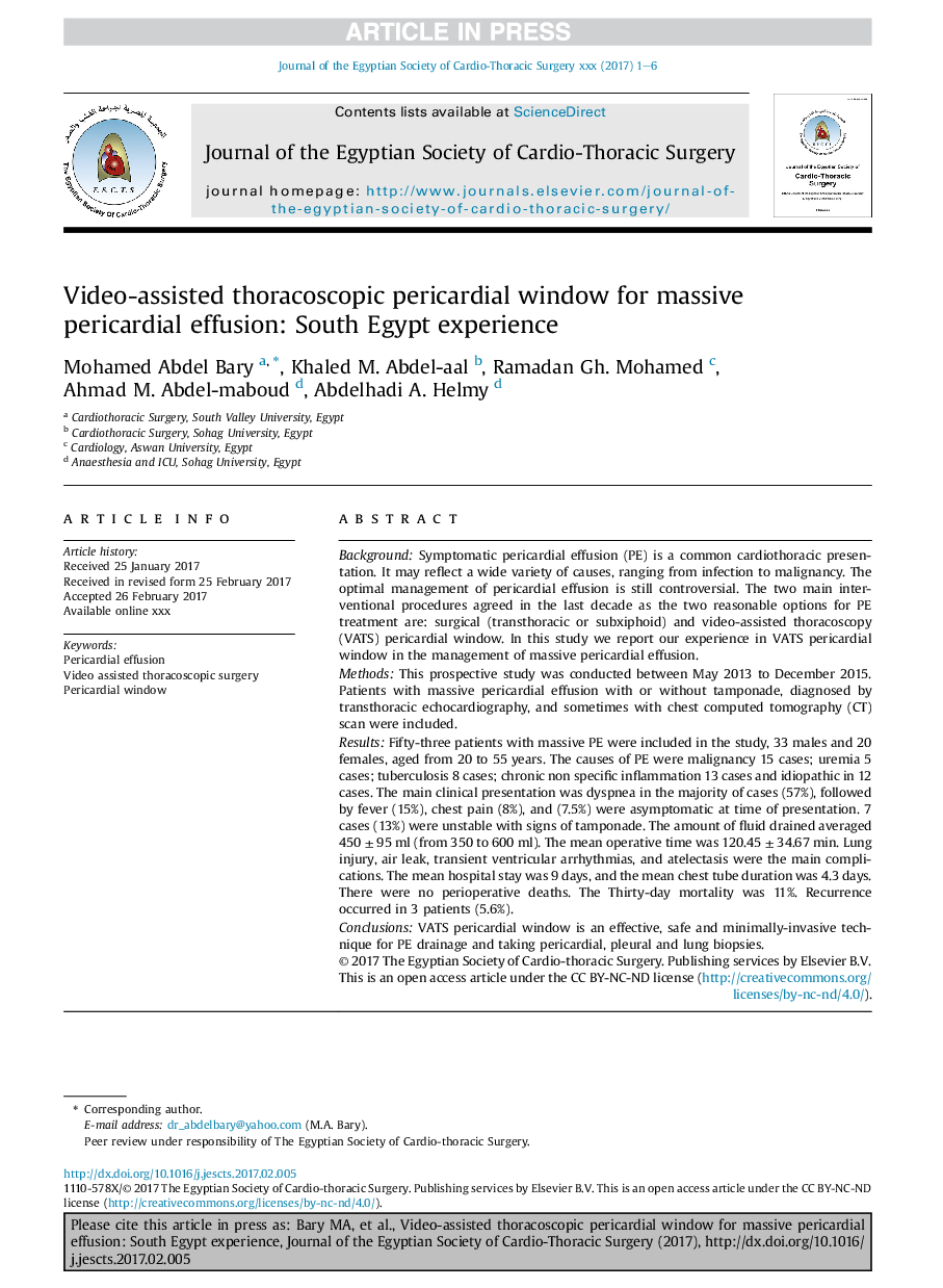 Video-assisted thoracoscopic pericardial window for massive pericardial effusion: South Egypt experience