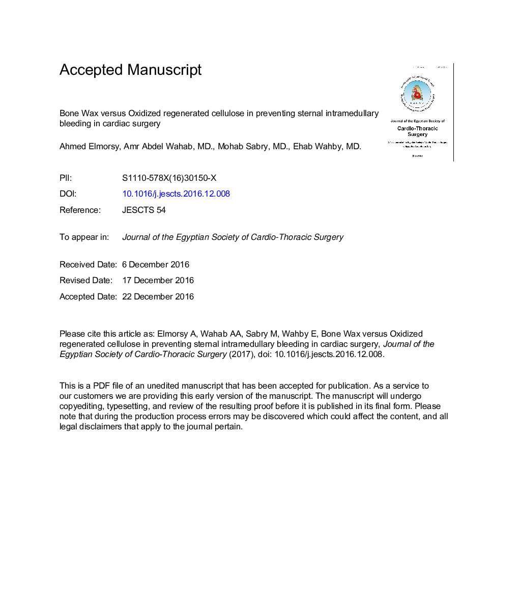 Bone wax versus oxidized regenerated cellulose in preventing sternal intramedullary bleeding in cardiac surgery