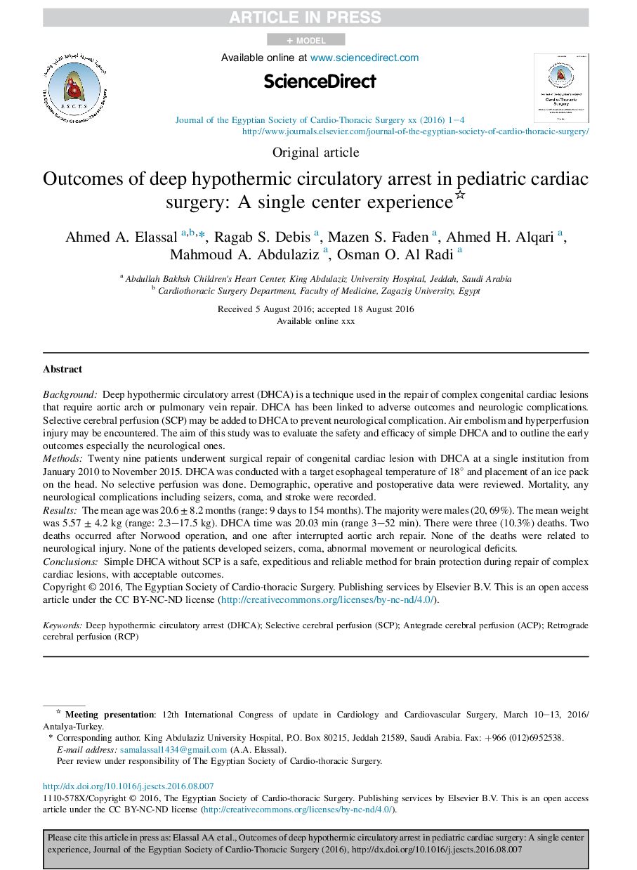 Outcomes of deep hypothermic circulatory arrest in pediatric cardiac surgery: A single center experience