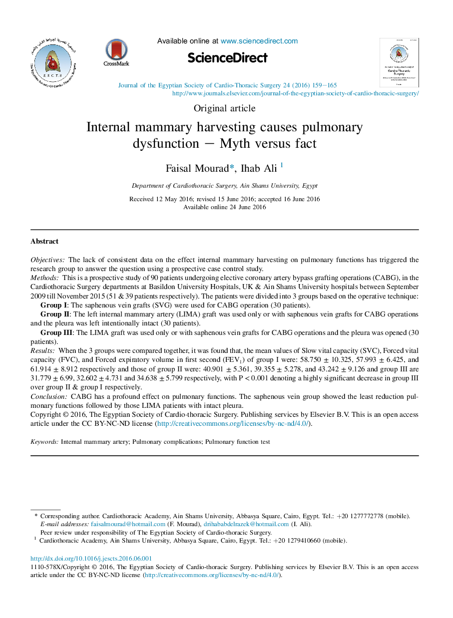 Internal mammary harvesting causes pulmonary dysfunctionÂ -Â Myth versus fact