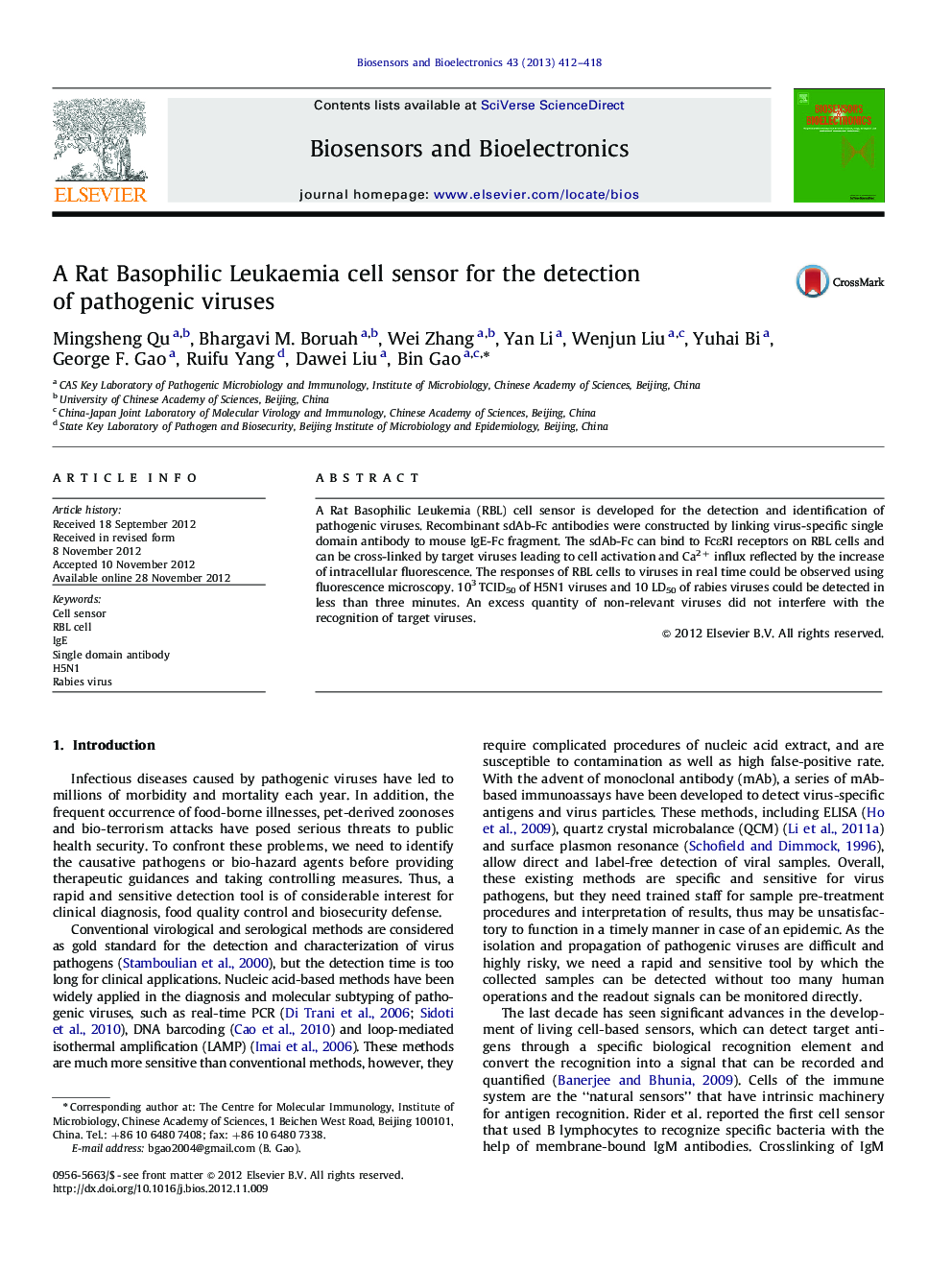 A Rat Basophilic Leukaemia cell sensor for the detection of pathogenic viruses