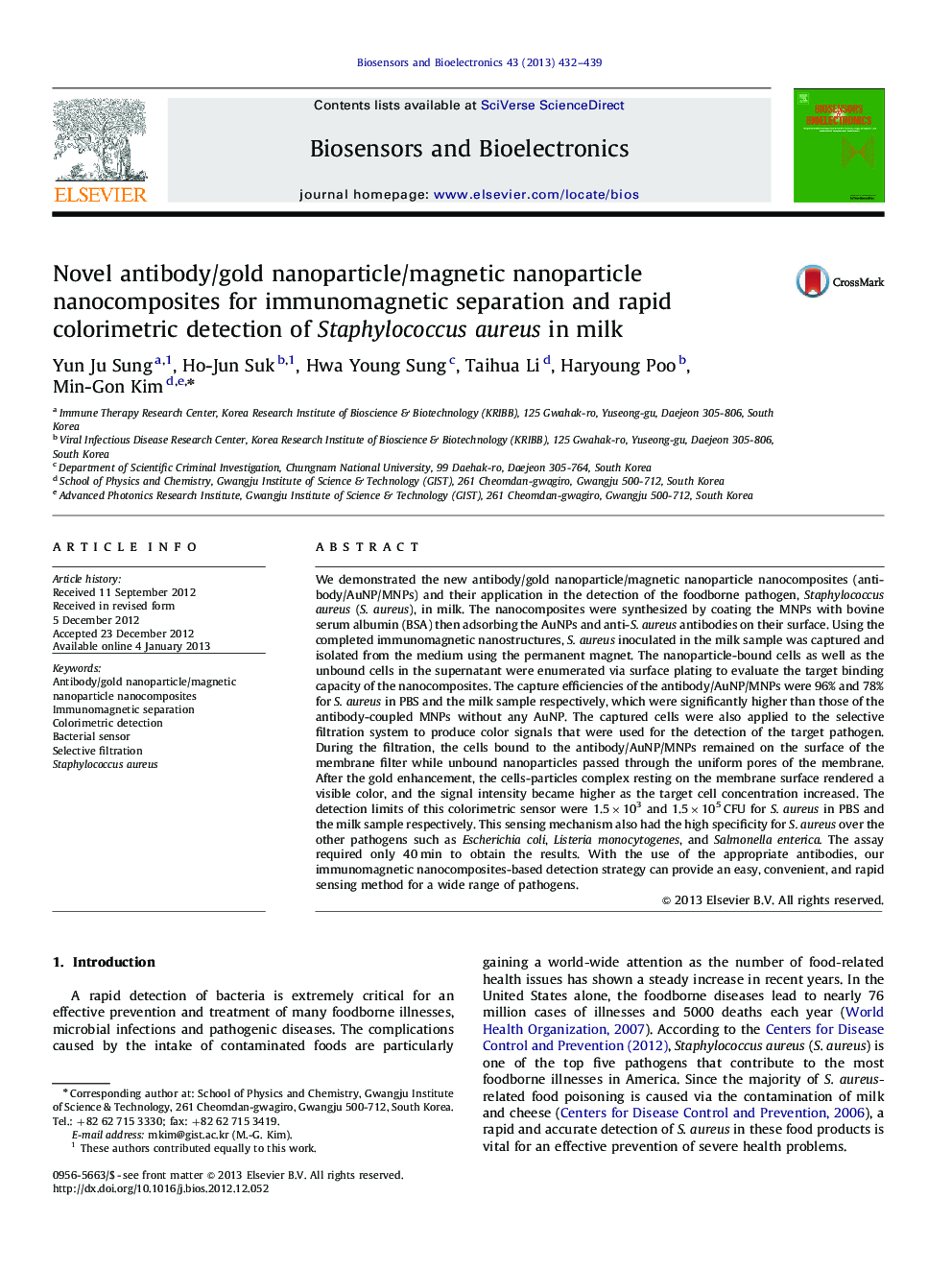 Novel antibody/gold nanoparticle/magnetic nanoparticle nanocomposites for immunomagnetic separation and rapid colorimetric detection of Staphylococcus aureus in milk