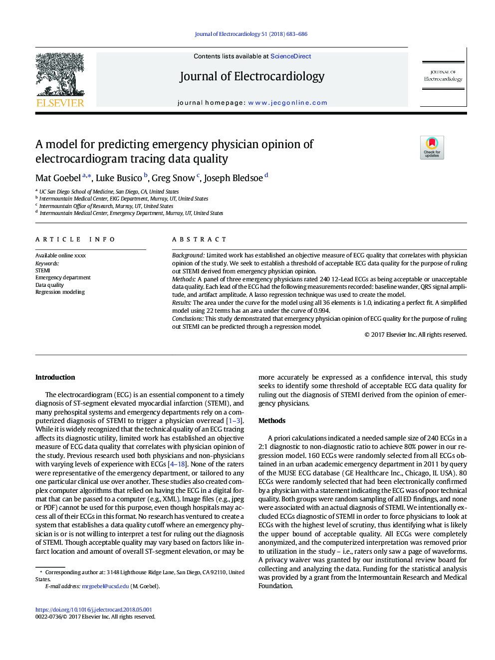 A model for predicting emergency physician opinion of electrocardiogram tracing data quality