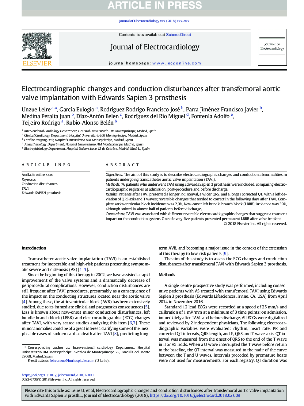 Electrocardiographic changes and conduction disturbances after transfemoral aortic valve implantation with Edwards Sapien 3 prosthesis