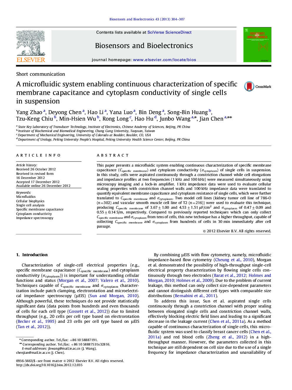 A microfluidic system enabling continuous characterization of specific membrane capacitance and cytoplasm conductivity of single cells in suspension