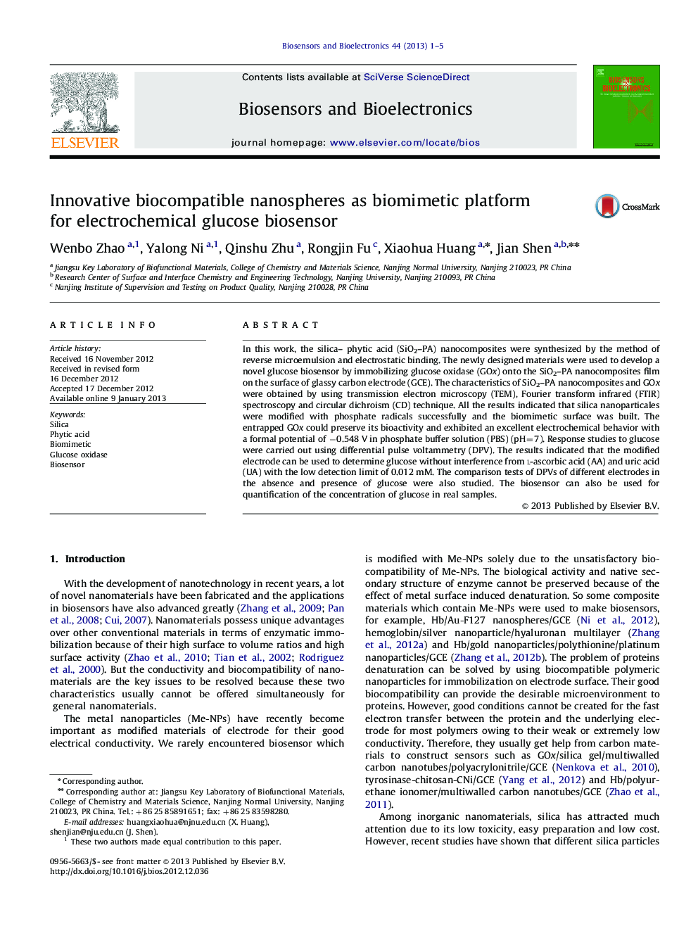 Innovative biocompatible nanospheres as biomimetic platform for electrochemical glucose biosensor