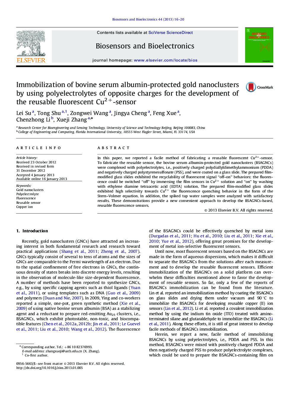 Immobilization of bovine serum albumin-protected gold nanoclusters by using polyelectrolytes of opposite charges for the development of the reusable fluorescent Cu2+-sensor