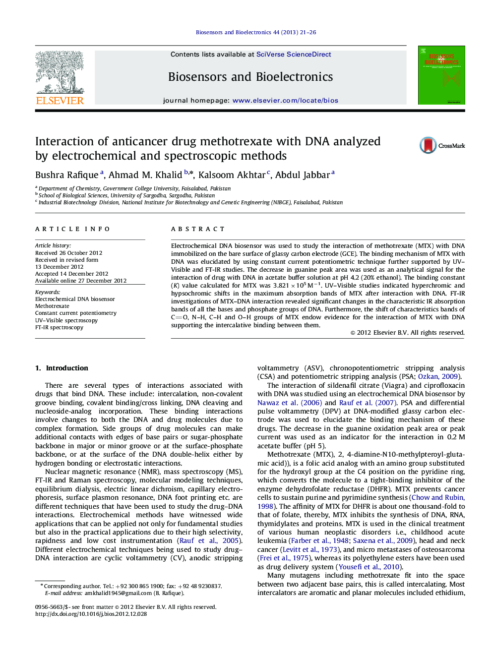 Interaction of anticancer drug methotrexate with DNA analyzed by electrochemical and spectroscopic methods