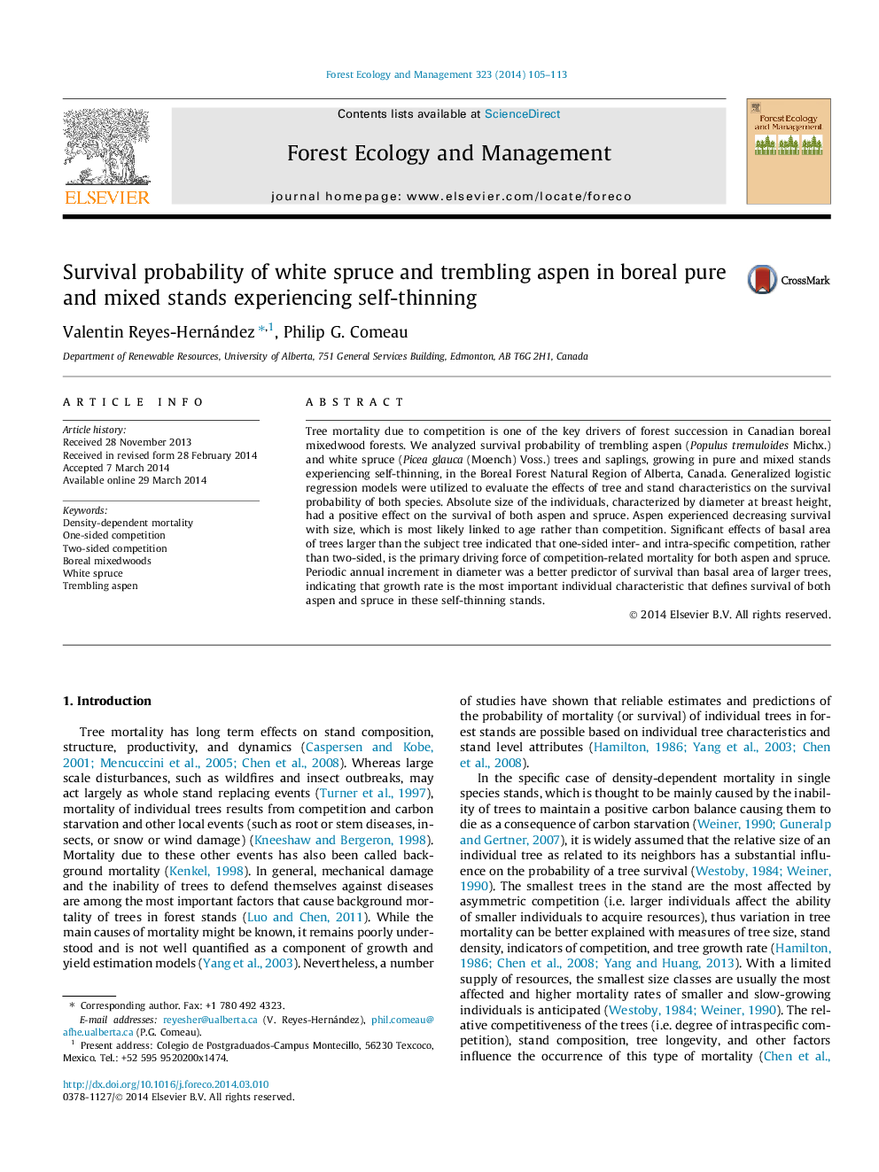 Survival probability of white spruce and trembling aspen in boreal pure and mixed stands experiencing self-thinning