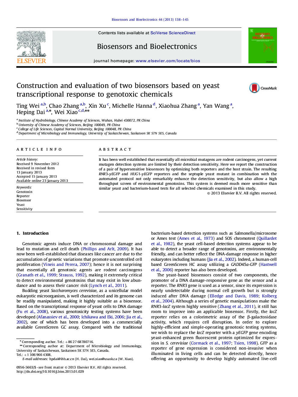 Construction and evaluation of two biosensors based on yeast transcriptional response to genotoxic chemicals