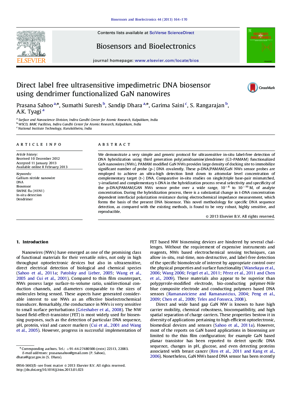 Direct label free ultrasensitive impedimetric DNA biosensor using dendrimer functionalized GaN nanowires