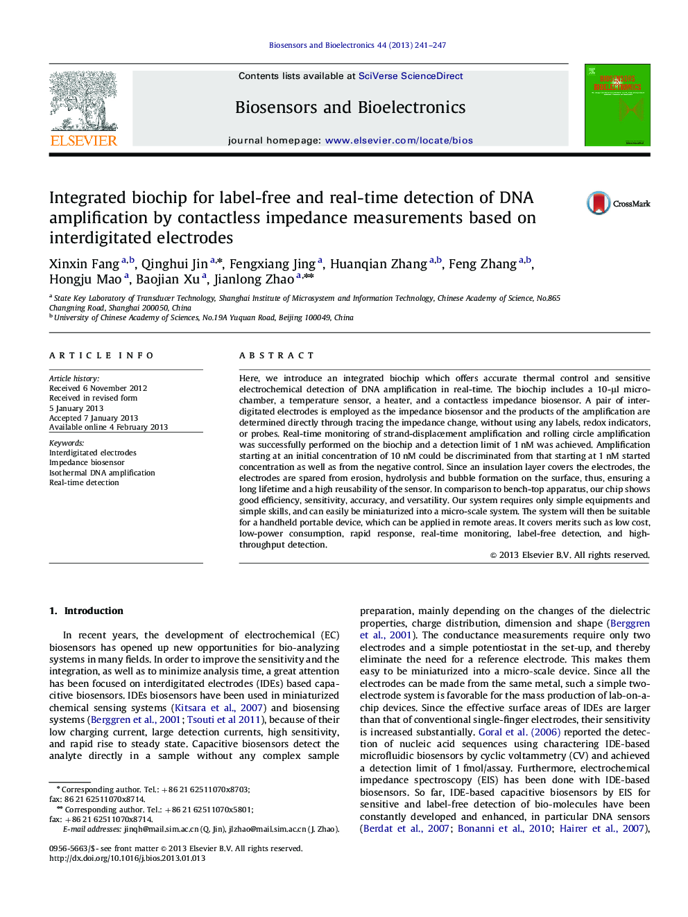 Integrated biochip for label-free and real-time detection of DNA amplification by contactless impedance measurements based on interdigitated electrodes