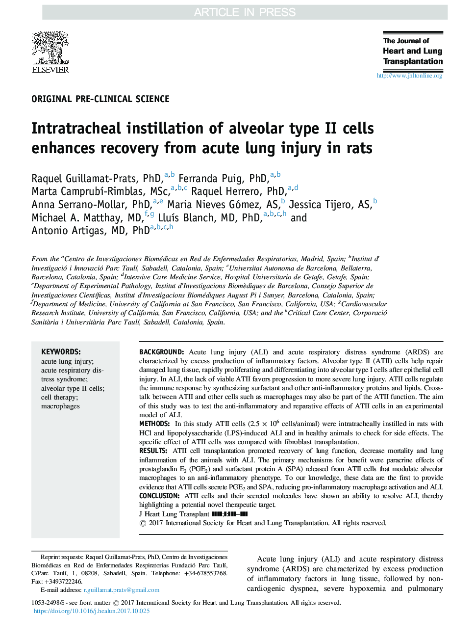 Intratracheal instillation of alveolar type II cells enhances recovery from acute lung injury in rats