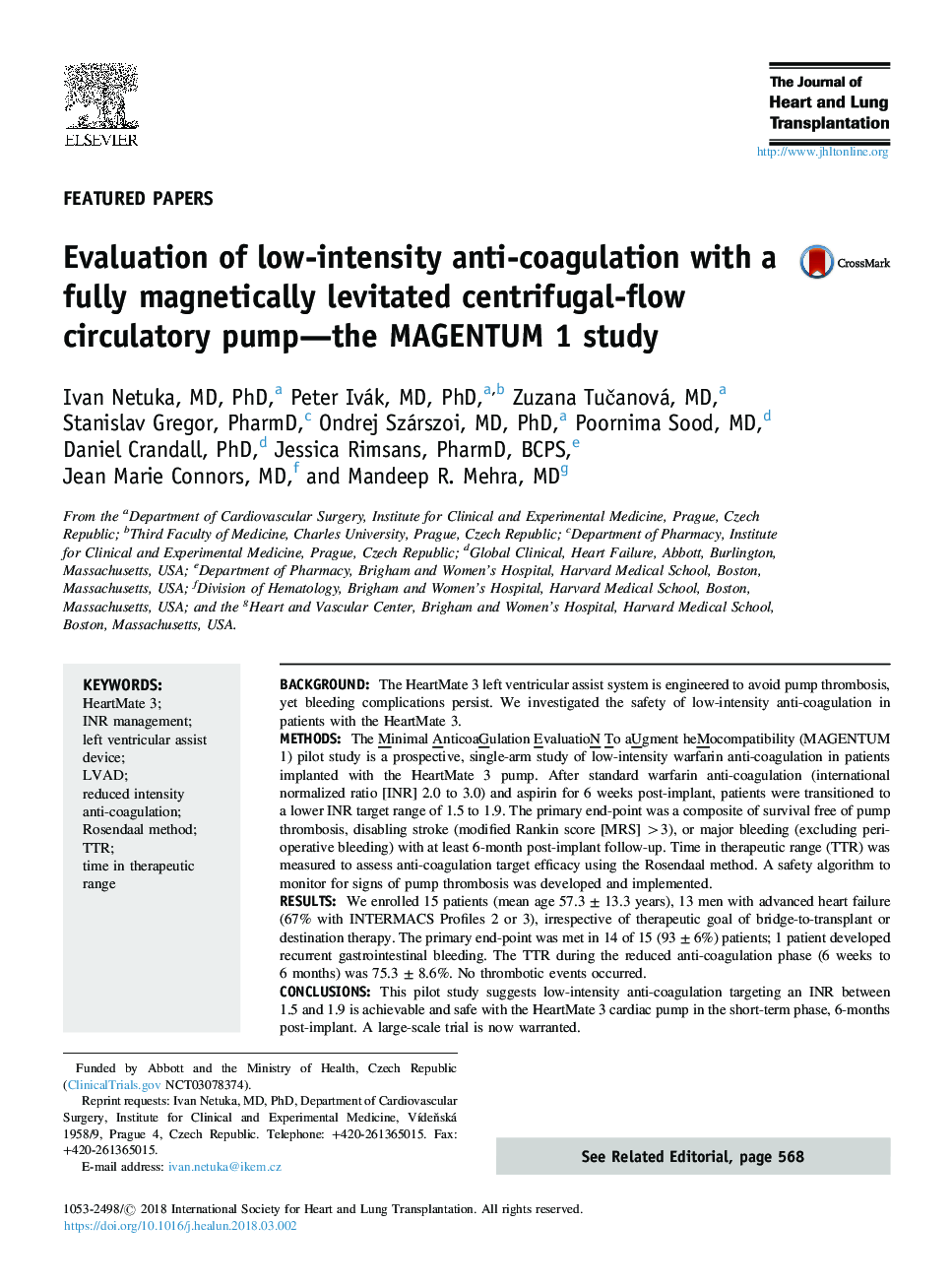 Evaluation of low-intensity anti-coagulation with a fully magnetically levitated centrifugal-flow circulatory pump-the MAGENTUM 1 study