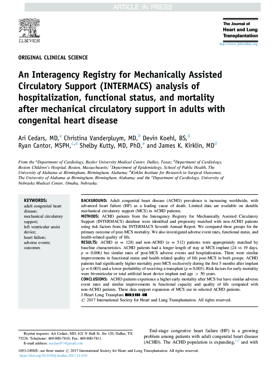 An Interagency Registry for Mechanically Assisted Circulatory Support (INTERMACS) analysis of hospitalization, functional status, and mortality after mechanical circulatory support in adults with congenital heart disease