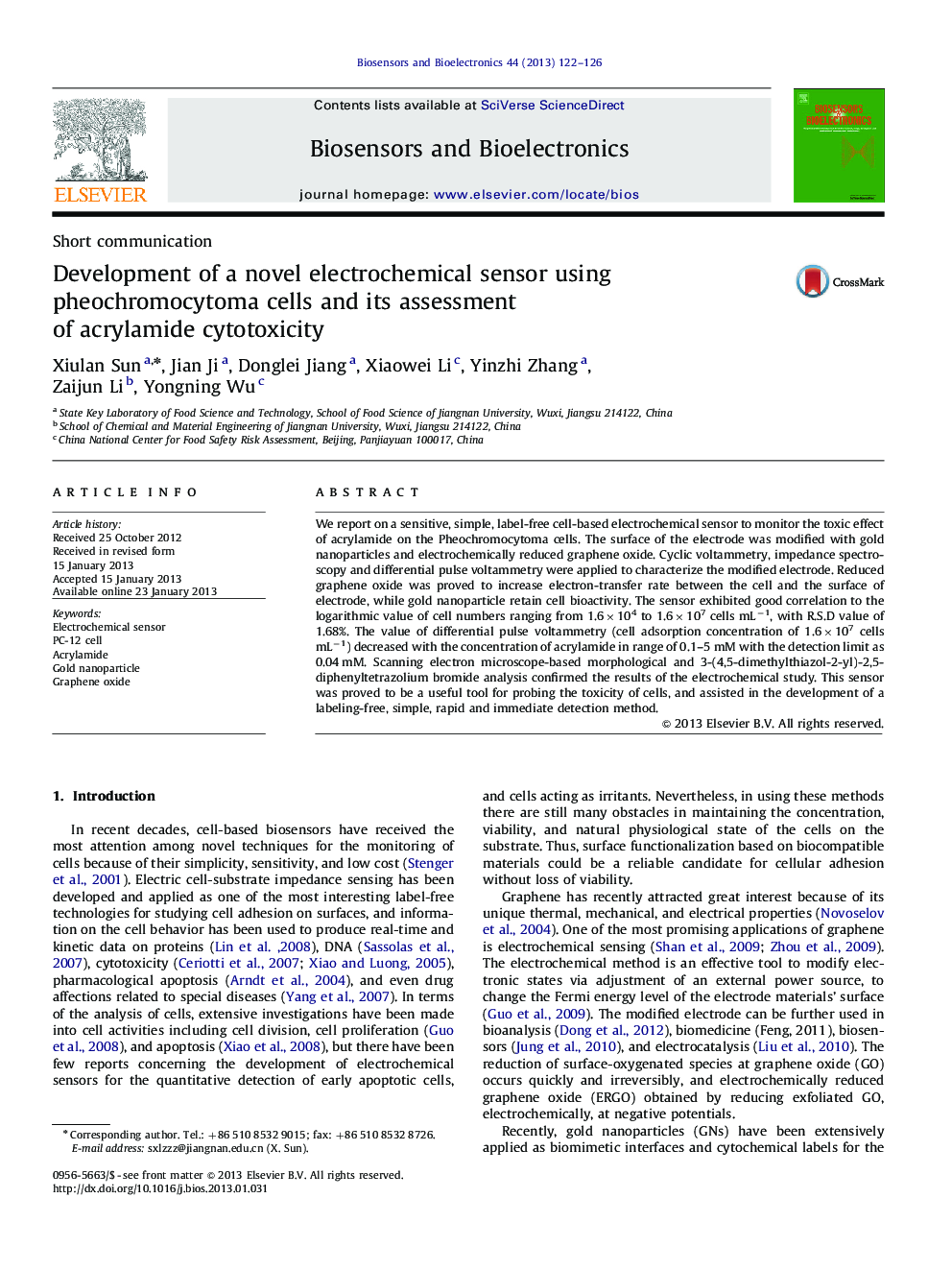 Development of a novel electrochemical sensor using pheochromocytoma cells and its assessment of acrylamide cytotoxicity