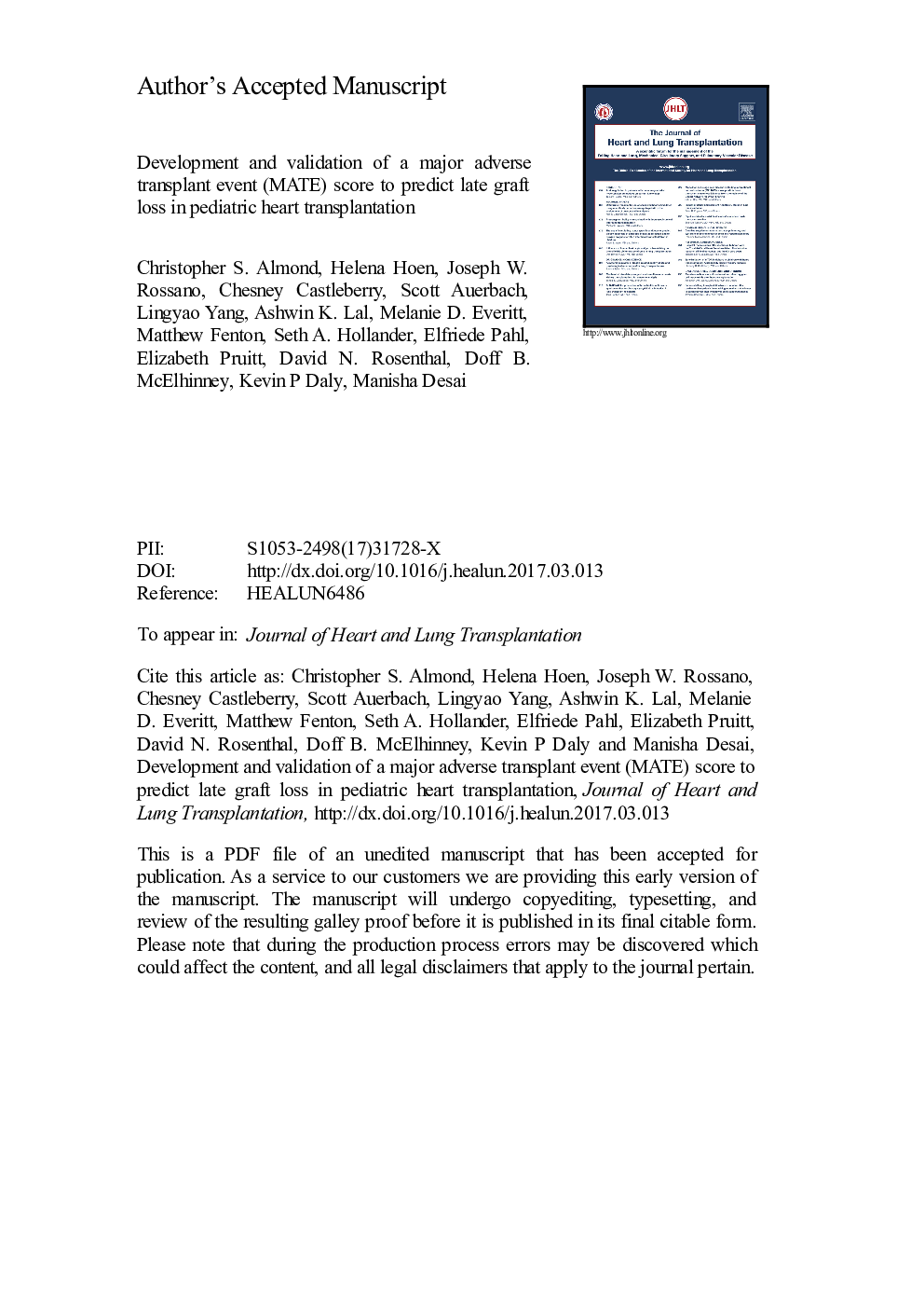 Development and validation of a major adverse transplant event (MATE) score to predict late graft loss in pediatric heart transplantation