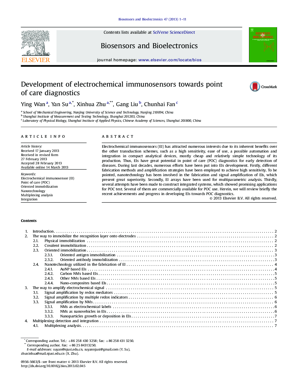 Development of electrochemical immunosensors towards point of care diagnostics