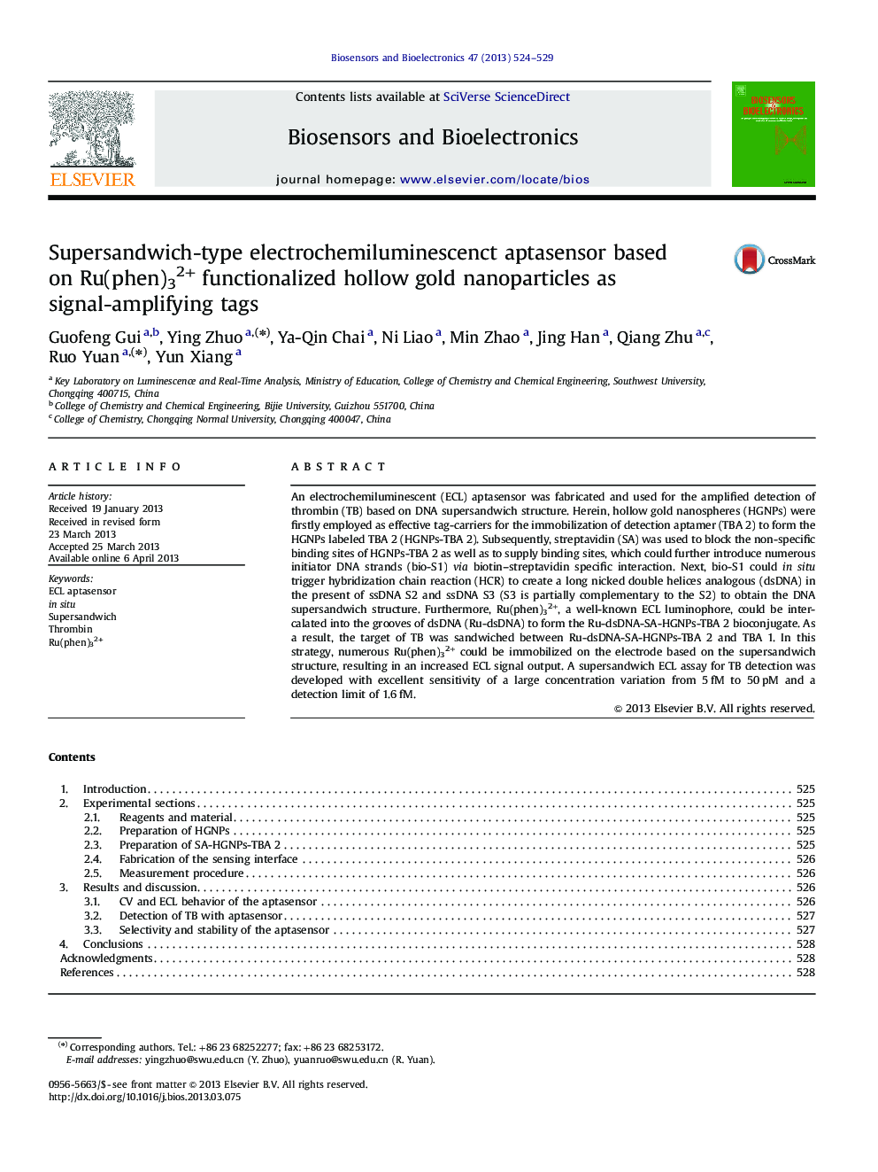 Supersandwich-type electrochemiluminescenct aptasensor based on Ru(phen)32+ functionalized hollow gold nanoparticles as signal-amplifying tags