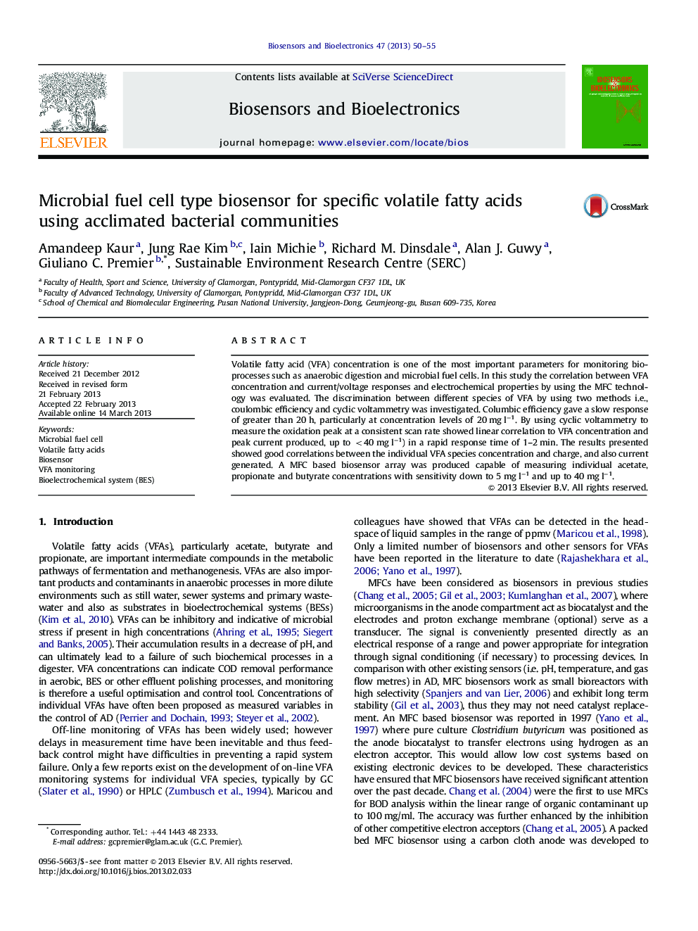 Microbial fuel cell type biosensor for specific volatile fatty acids using acclimated bacterial communities