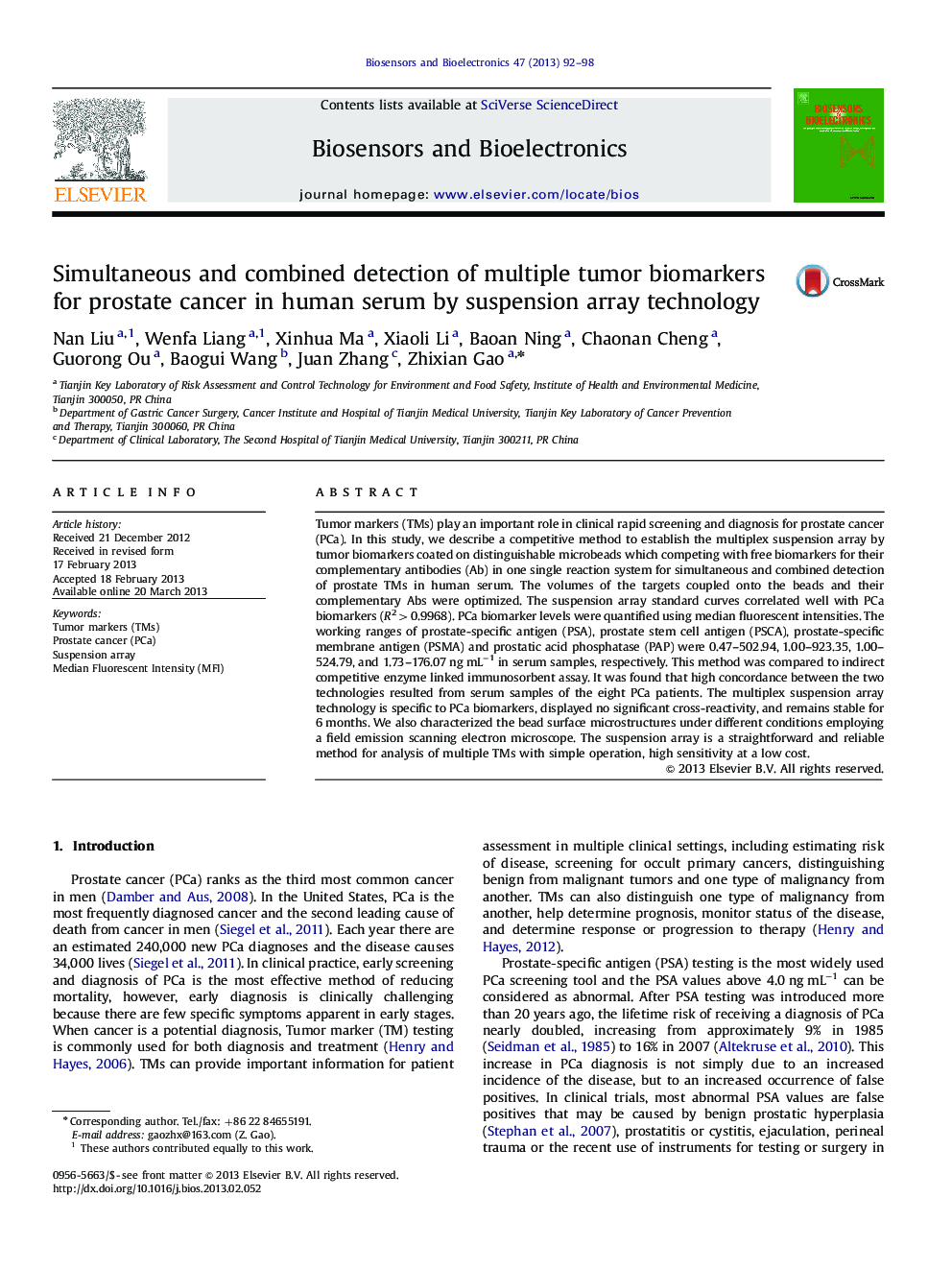 Simultaneous and combined detection of multiple tumor biomarkers for prostate cancer in human serum by suspension array technology
