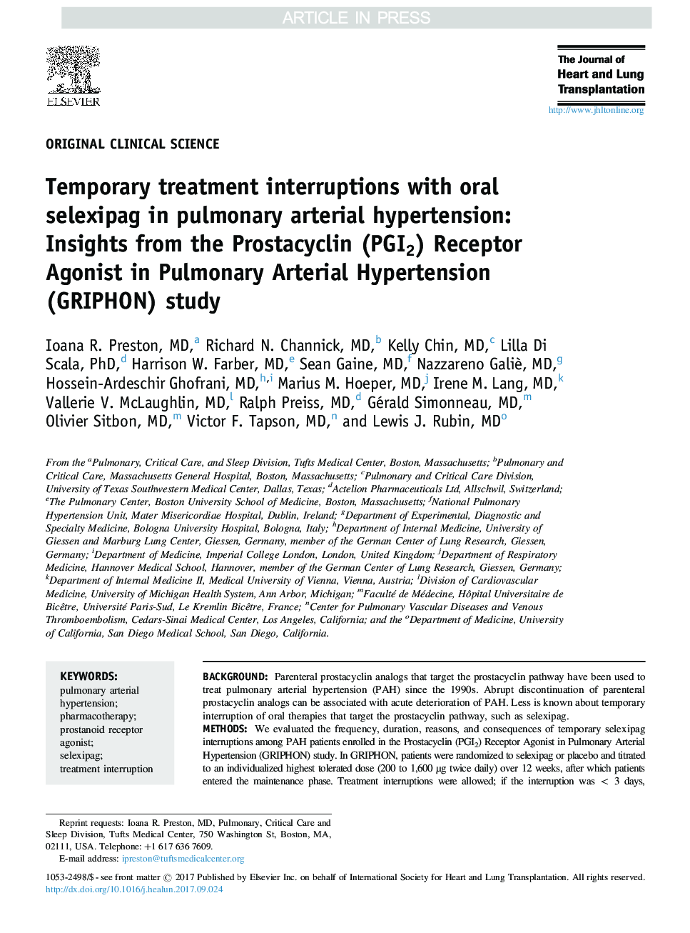 Temporary treatment interruptions with oral selexipag in pulmonary arterial hypertension: Insights from the Prostacyclin (PGI2) Receptor Agonist in Pulmonary Arterial Hypertension (GRIPHON) study