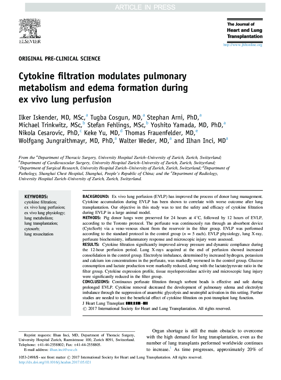 Cytokine filtration modulates pulmonary metabolism and edema formation during ex vivo lung perfusion