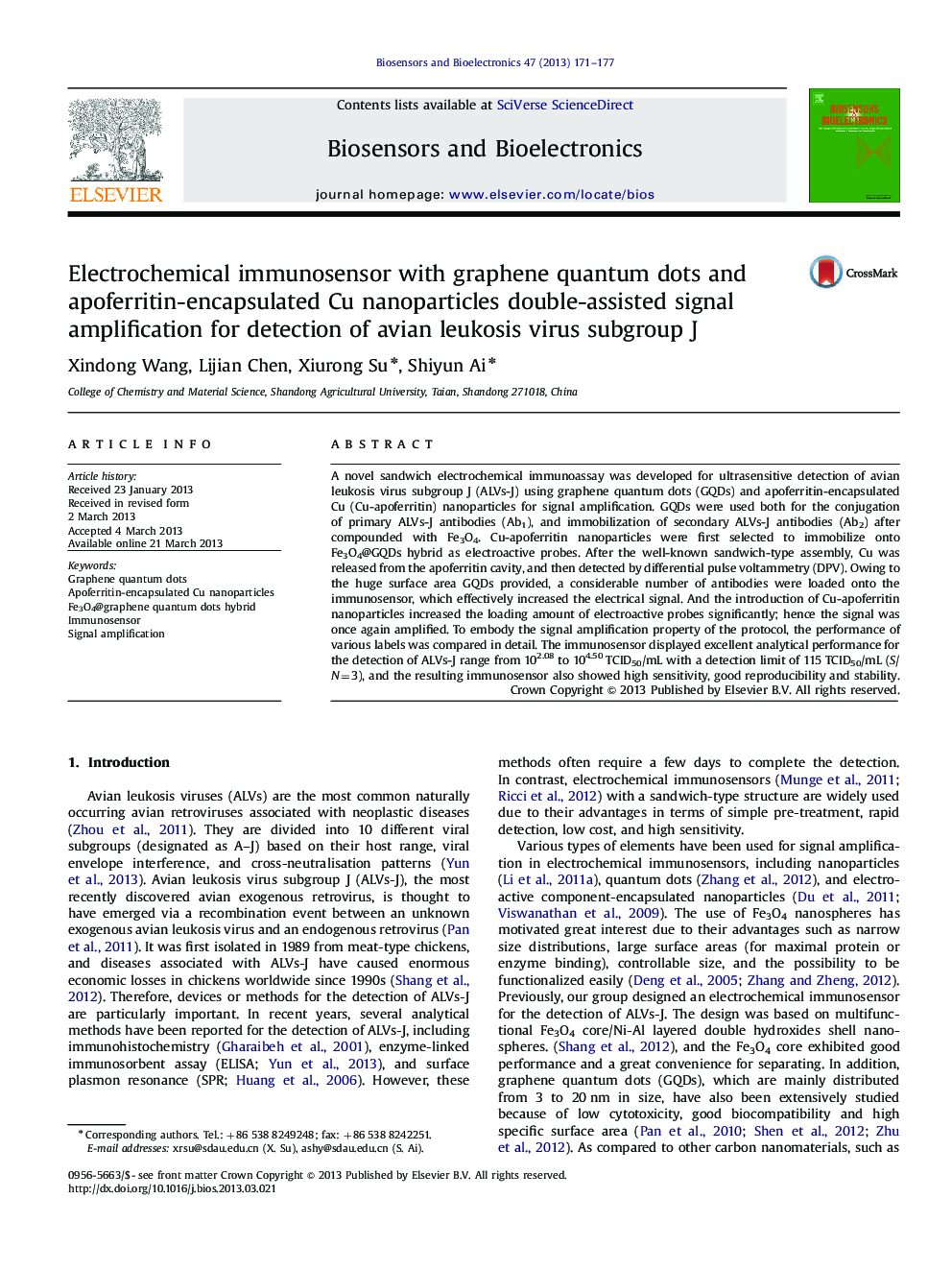 Electrochemical immunosensor with graphene quantum dots and apoferritin-encapsulated Cu nanoparticles double-assisted signal amplification for detection of avian leukosis virus subgroup J