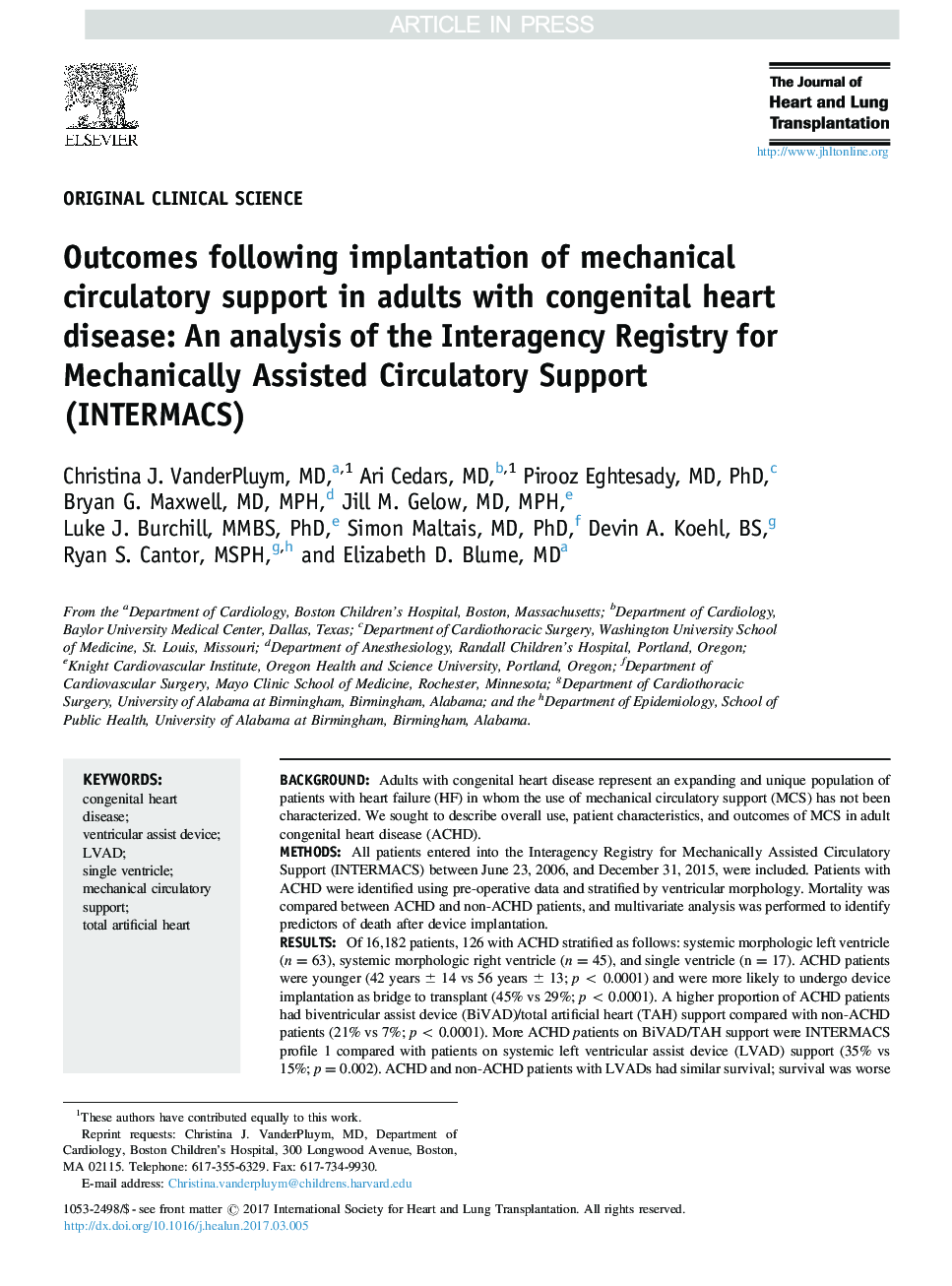 Outcomes following implantation of mechanical circulatory support in adults with congenital heart disease: An analysis of the Interagency Registry for Mechanically Assisted Circulatory Support (INTERMACS)