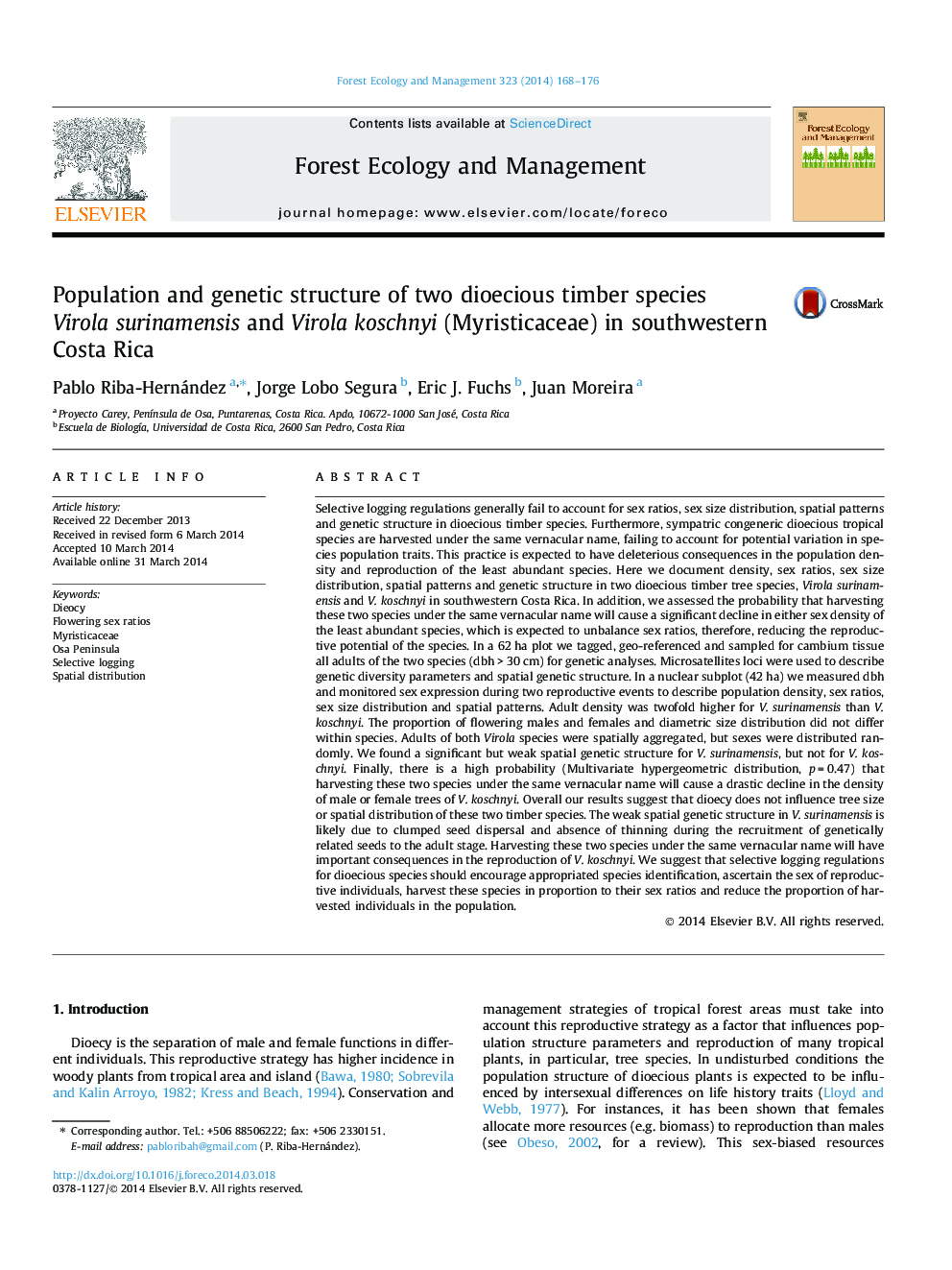 Population and genetic structure of two dioecious timber species Virola surinamensis and Virola koschnyi (Myristicaceae) in southwestern Costa Rica