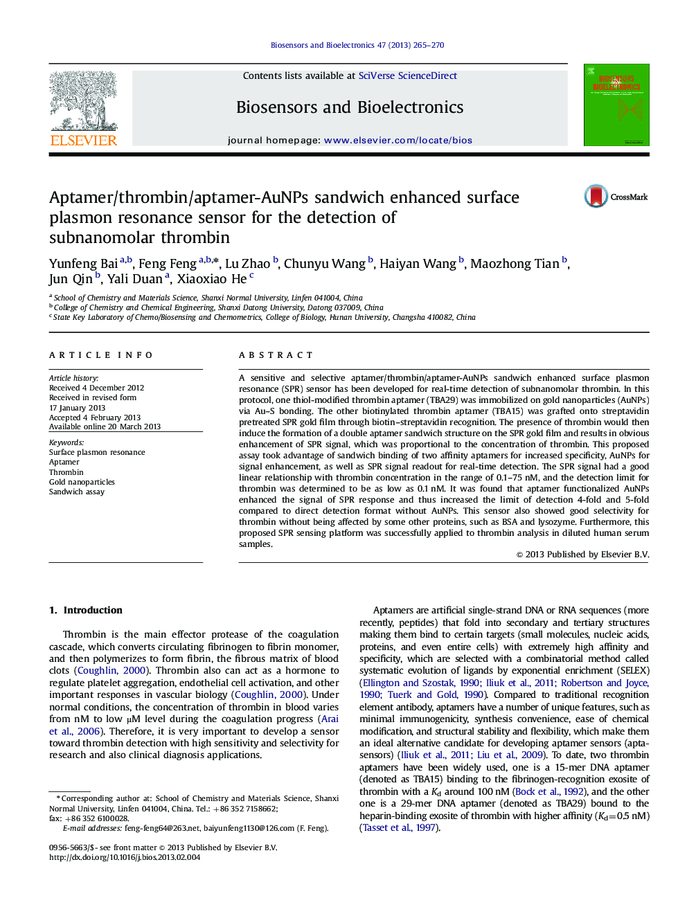 Aptamer/thrombin/aptamer-AuNPs sandwich enhanced surface plasmon resonance sensor for the detection of subnanomolar thrombin