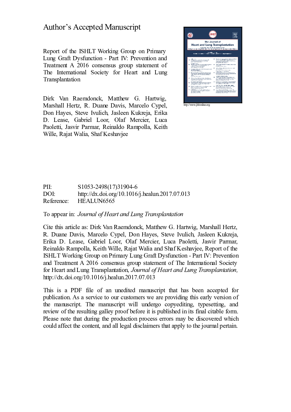 Report of the ISHLT Working Group on primary lung graft dysfunction Part IV: Prevention and treatment: A 2016 Consensus Group statement of the International Society for Heart and Lung Transplantation