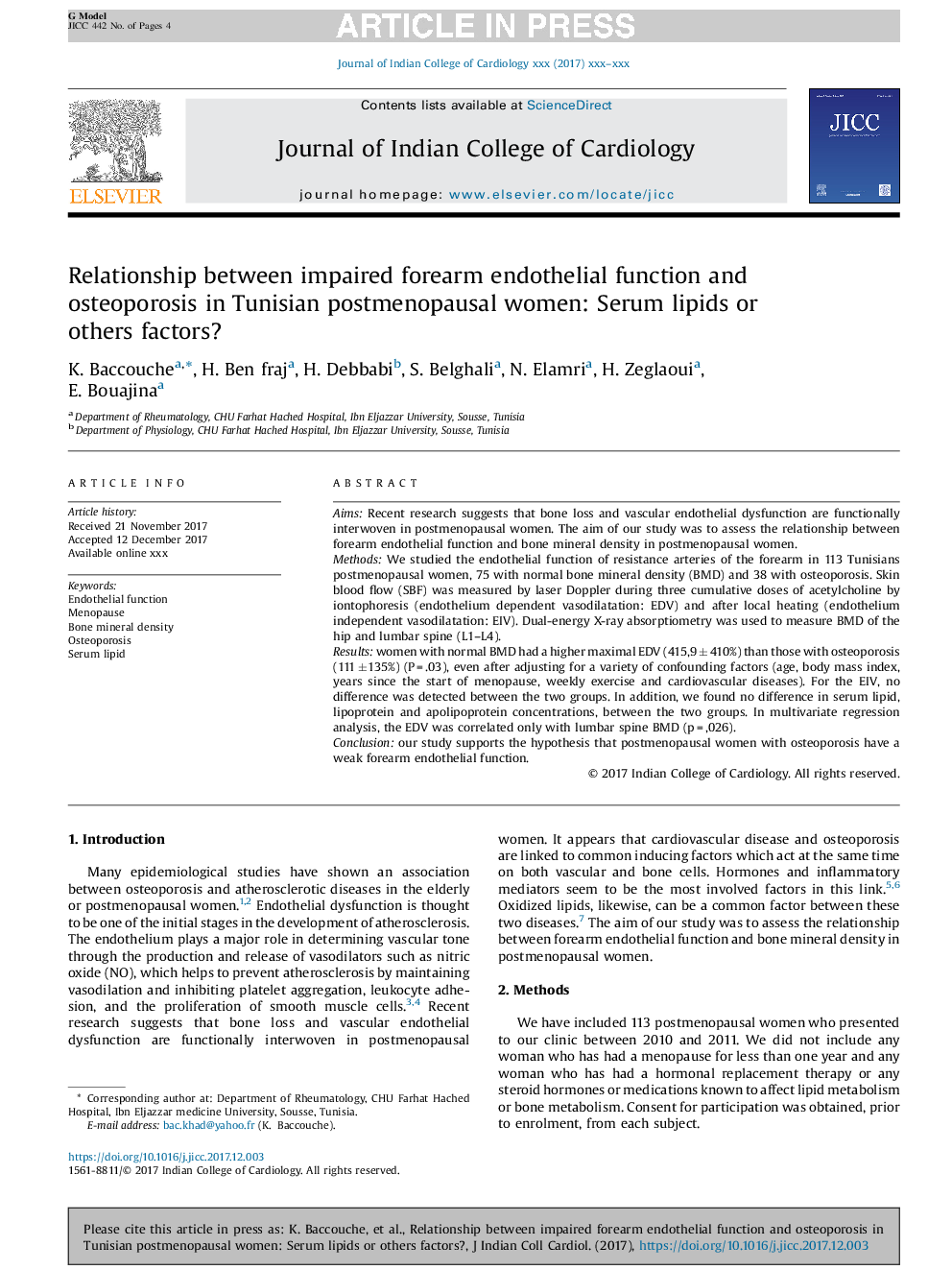 Relationship between impaired forearm endothelial function and osteoporosis in Tunisian postmenopausal women: Serum lipids or others factors?