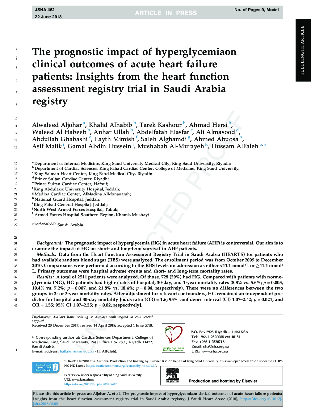 تأثیر پیشآگهی هیپرگلیسمی بر پیامدهای بالینی نارسایی حاد قلبی: بینش از پرونده ارزیابی عملکرد قلب در عربستان سعودی 