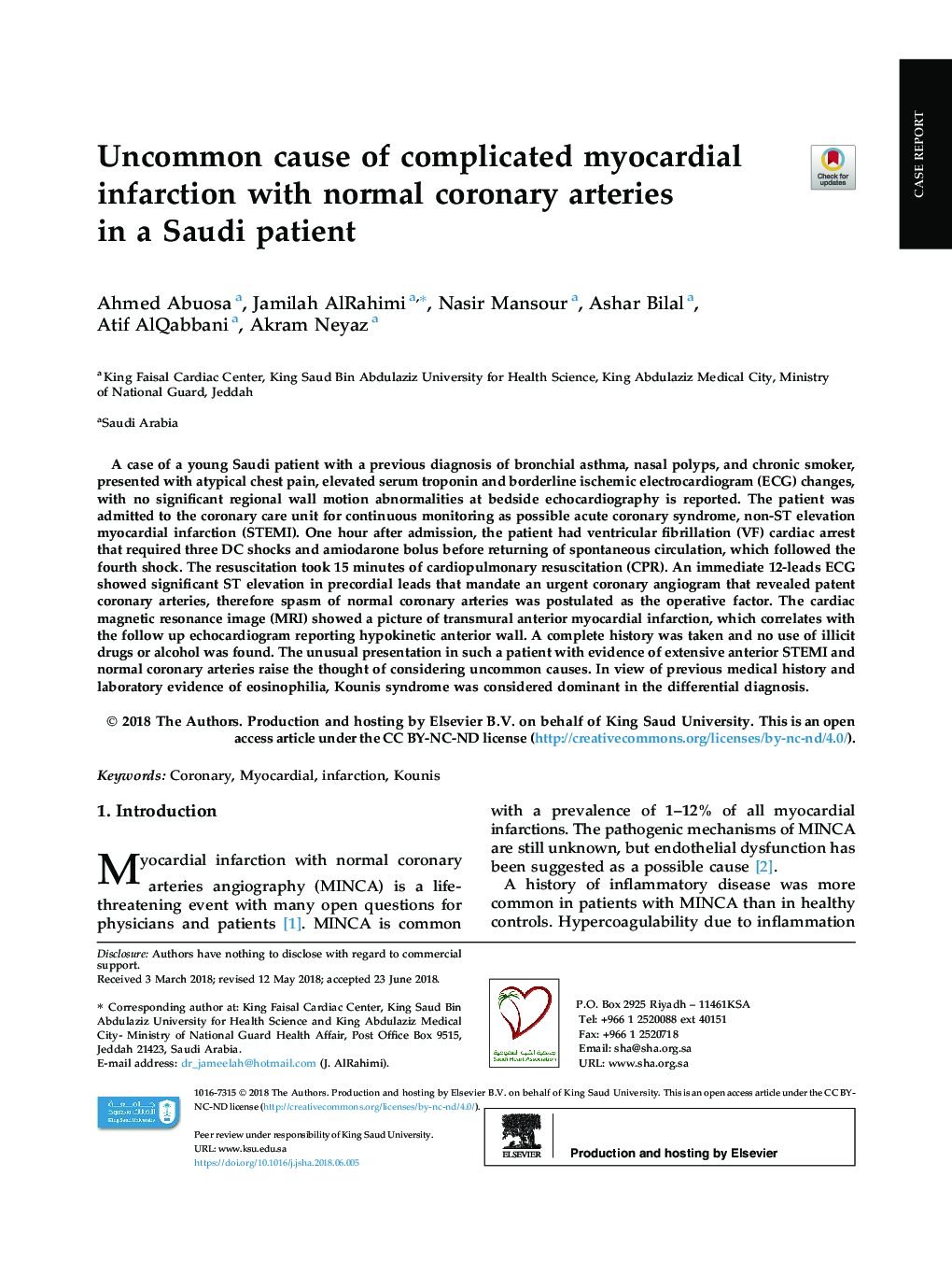 Uncommon cause of complicated myocardial infarction with normal coronary arteries in a Saudi patient