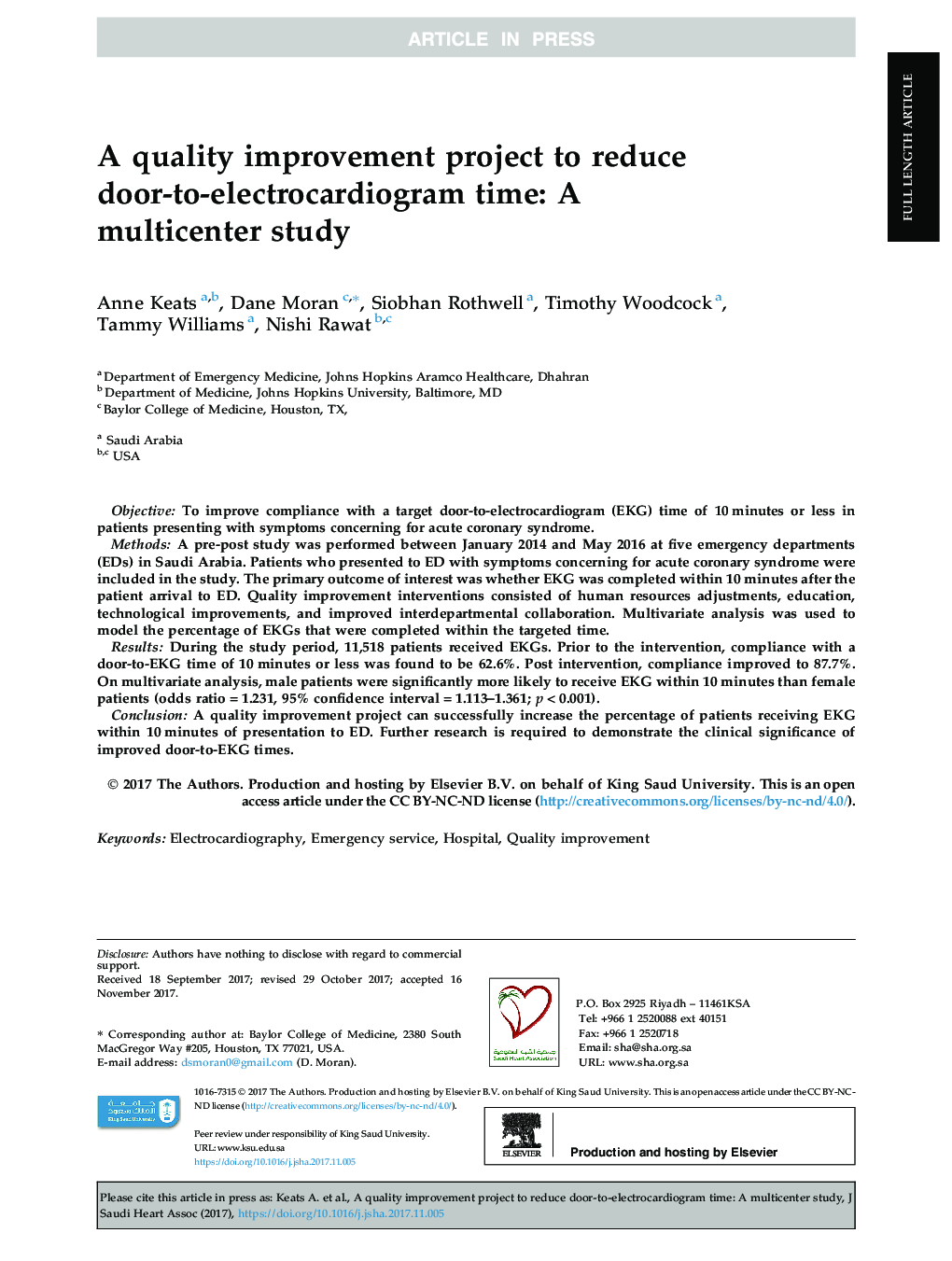 A quality improvement project to reduce door-to-electrocardiogram time: A multicenter study