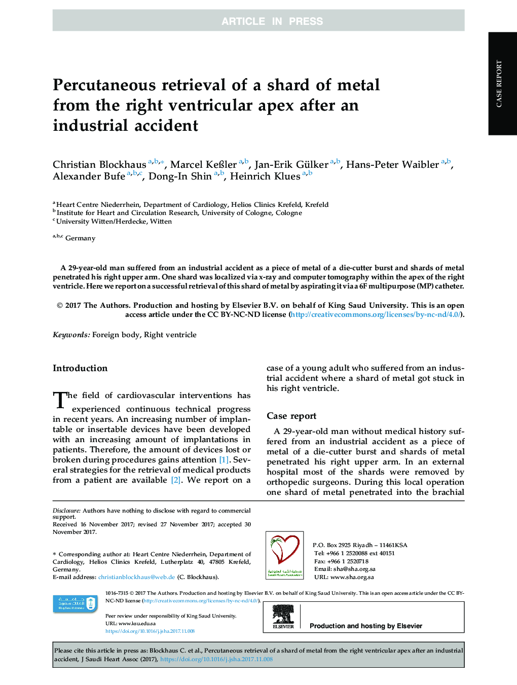 Percutaneous retrieval of a shard of metal from the right ventricular apex after an industrial accident