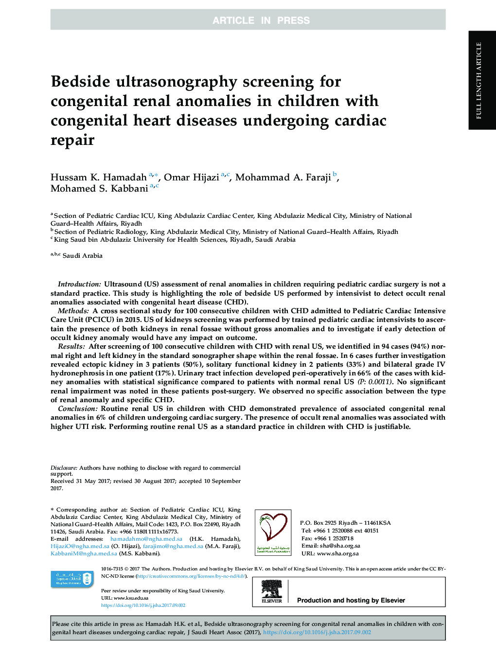 Bedside ultrasonography screening for congenital renal anomalies in children with congenital heart diseases undergoing cardiac repair