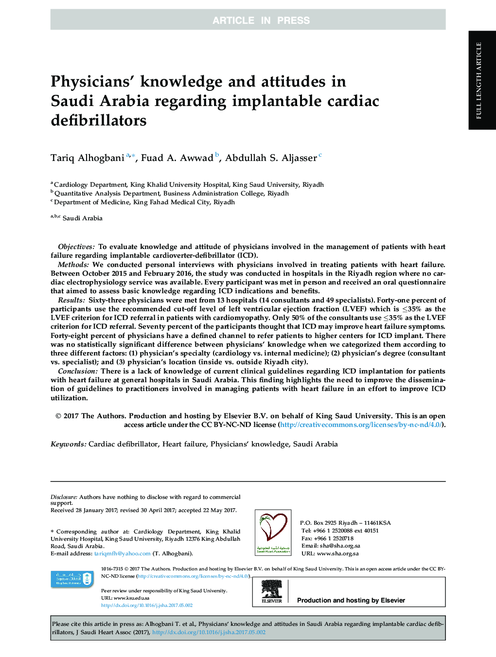 Physicians' knowledge and attitudes in Saudi Arabia regarding implantable cardiac defibrillators