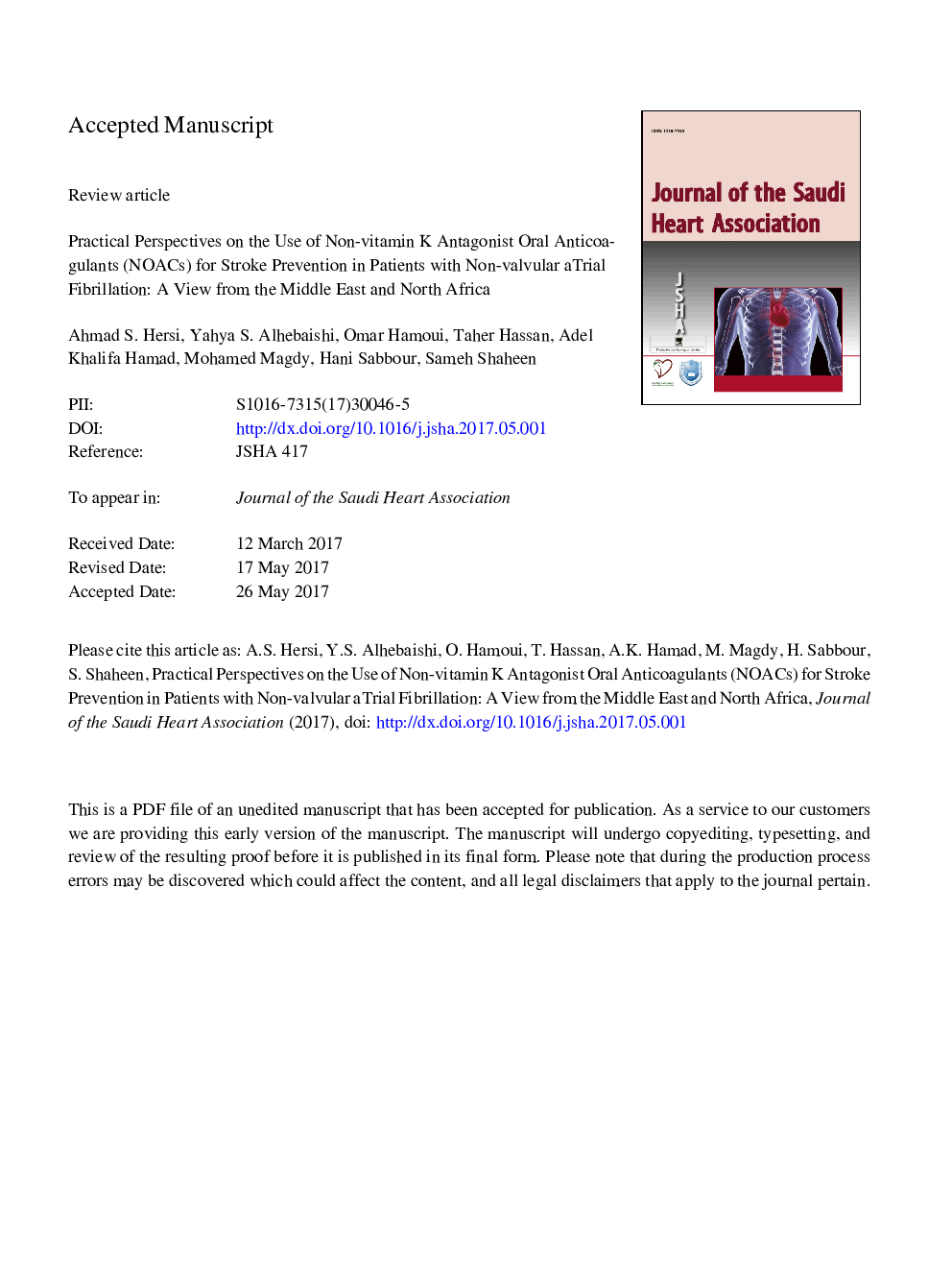 Practical perspectives on the use of non-vitamin K antagonist oral anticoagulants for stroke prevention in patients with nonvalvular atrial fibrillation: A view from the Middle East and North Africa