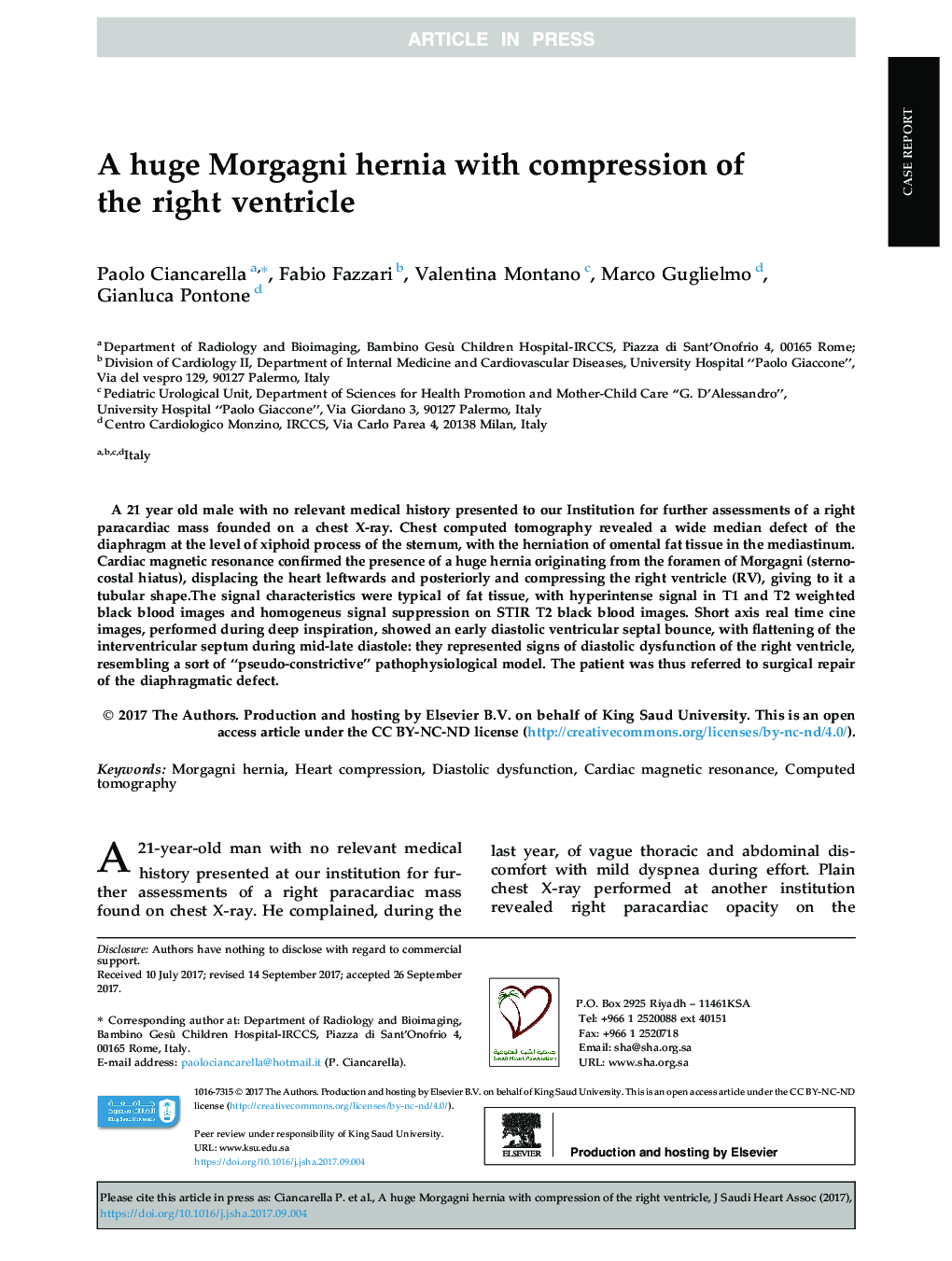 A huge Morgagni hernia with compression of the right ventricle