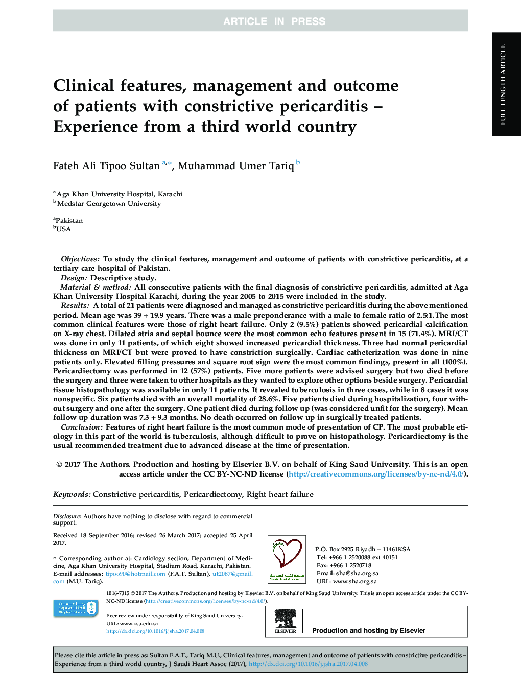Clinical features, management and outcome of patients with constrictive pericarditis - Experience from a third world country