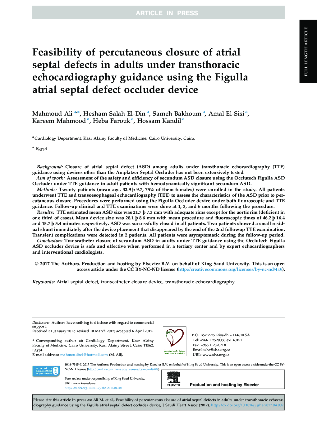 Feasibility of percutaneous closure of atrial septal defects in adults under transthoracic echocardiography guidance using the Figulla atrial septal defect occluder device