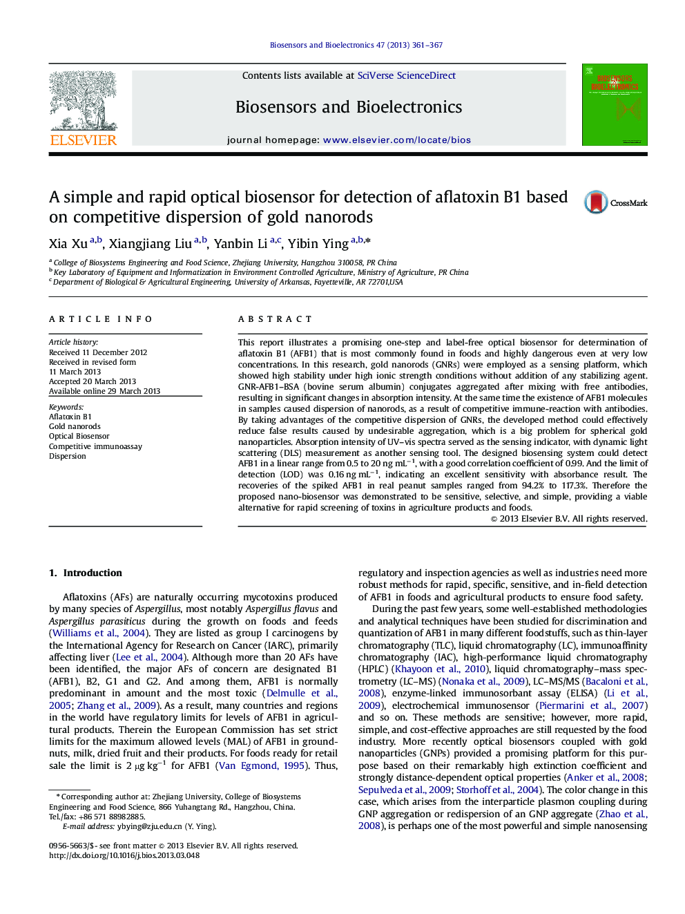 A simple and rapid optical biosensor for detection of aflatoxin B1 based on competitive dispersion of gold nanorods