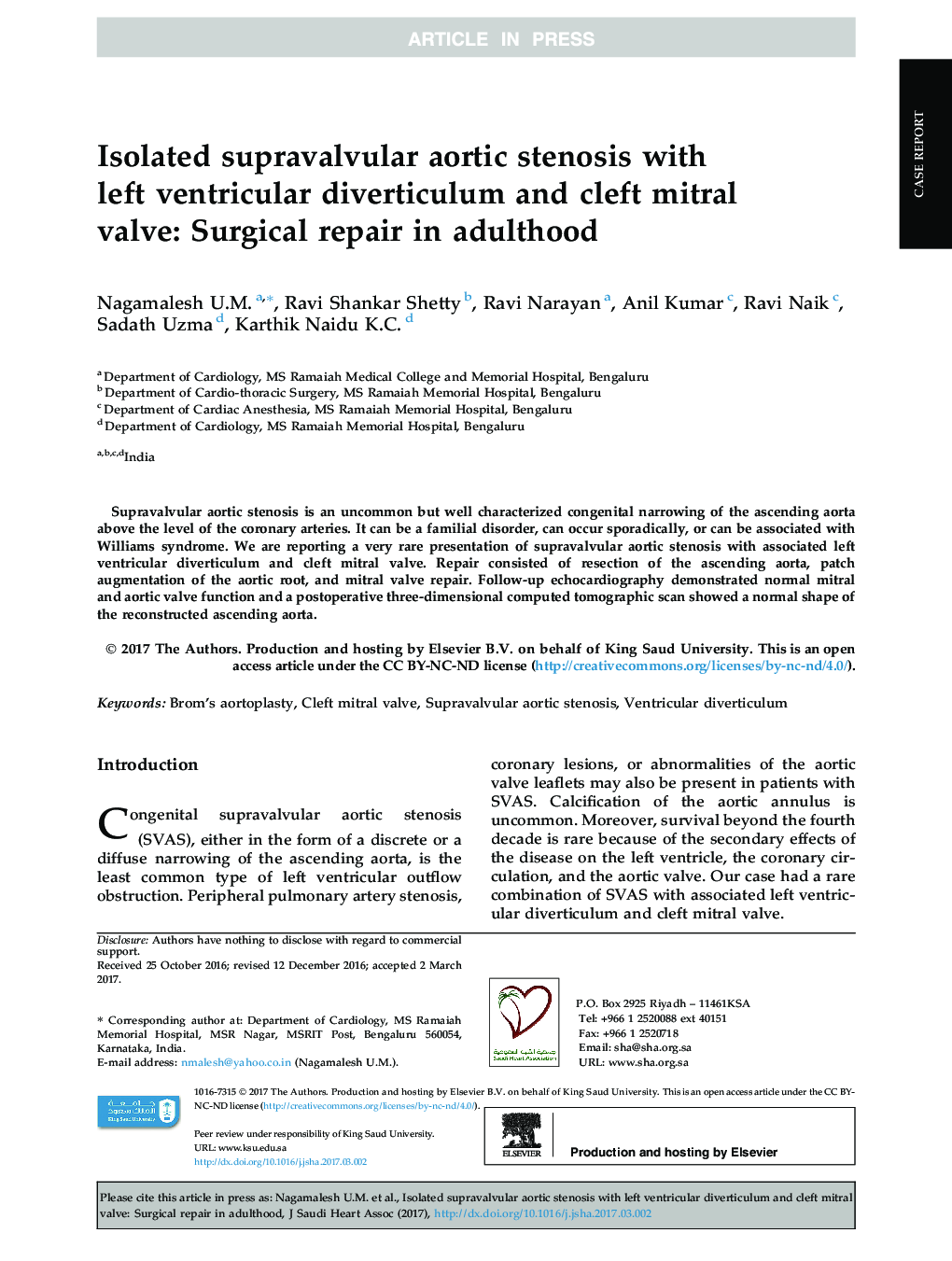 Isolated supravalvular aortic stenosis with left ventricular diverticulum and cleft mitral valve: Surgical repair in adulthood