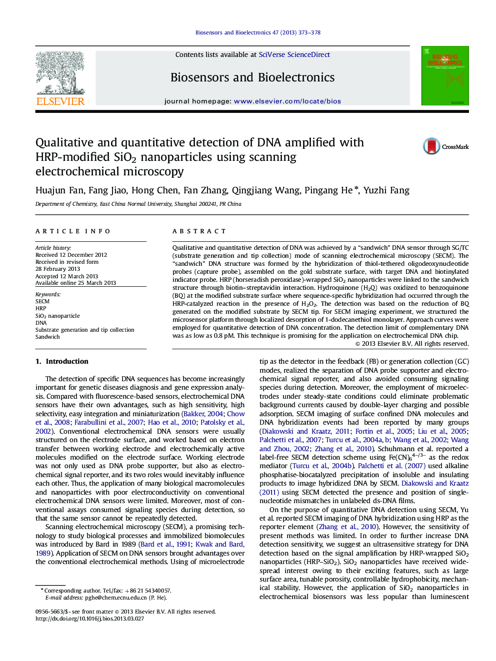 Qualitative and quantitative detection of DNA amplified with HRP-modified SiO2 nanoparticles using scanning electrochemical microscopy