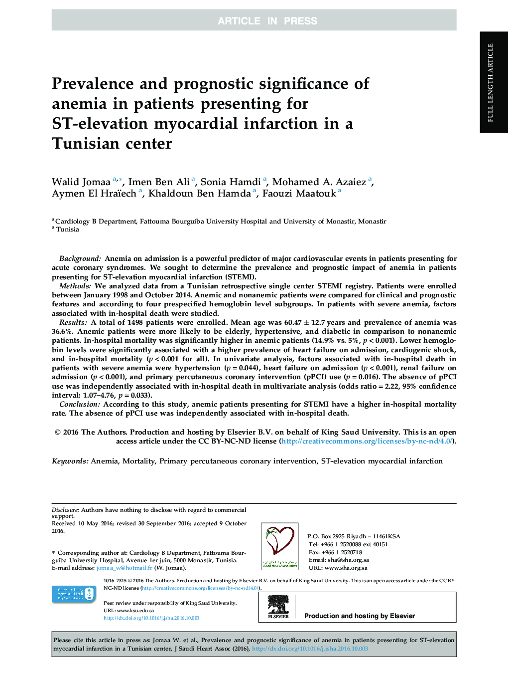 Prevalence and prognostic significance of anemia in patients presenting for ST-elevation myocardial infarction in a Tunisian center