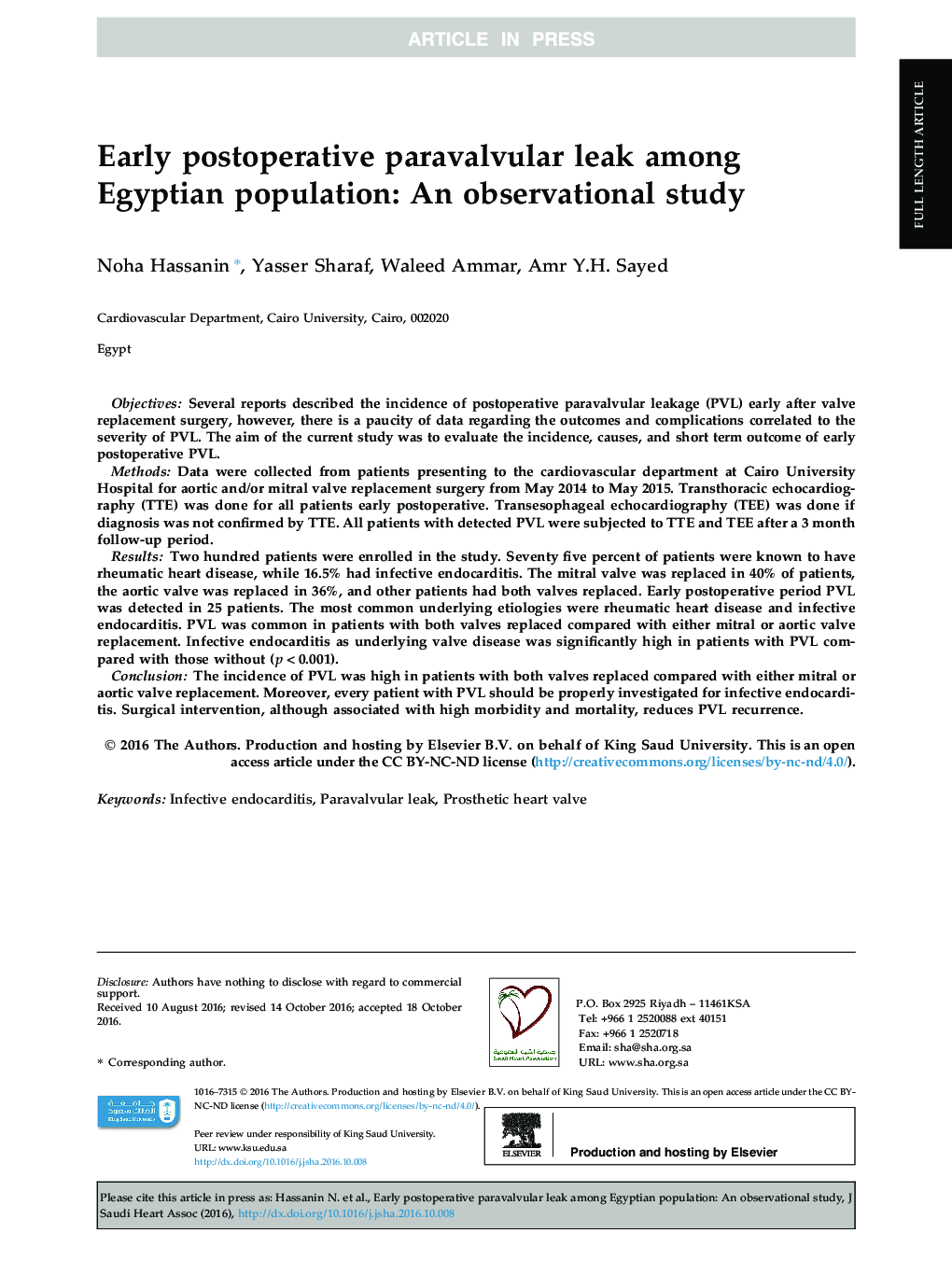 Early postoperative paravalvular leak among Egyptian population: An observational study