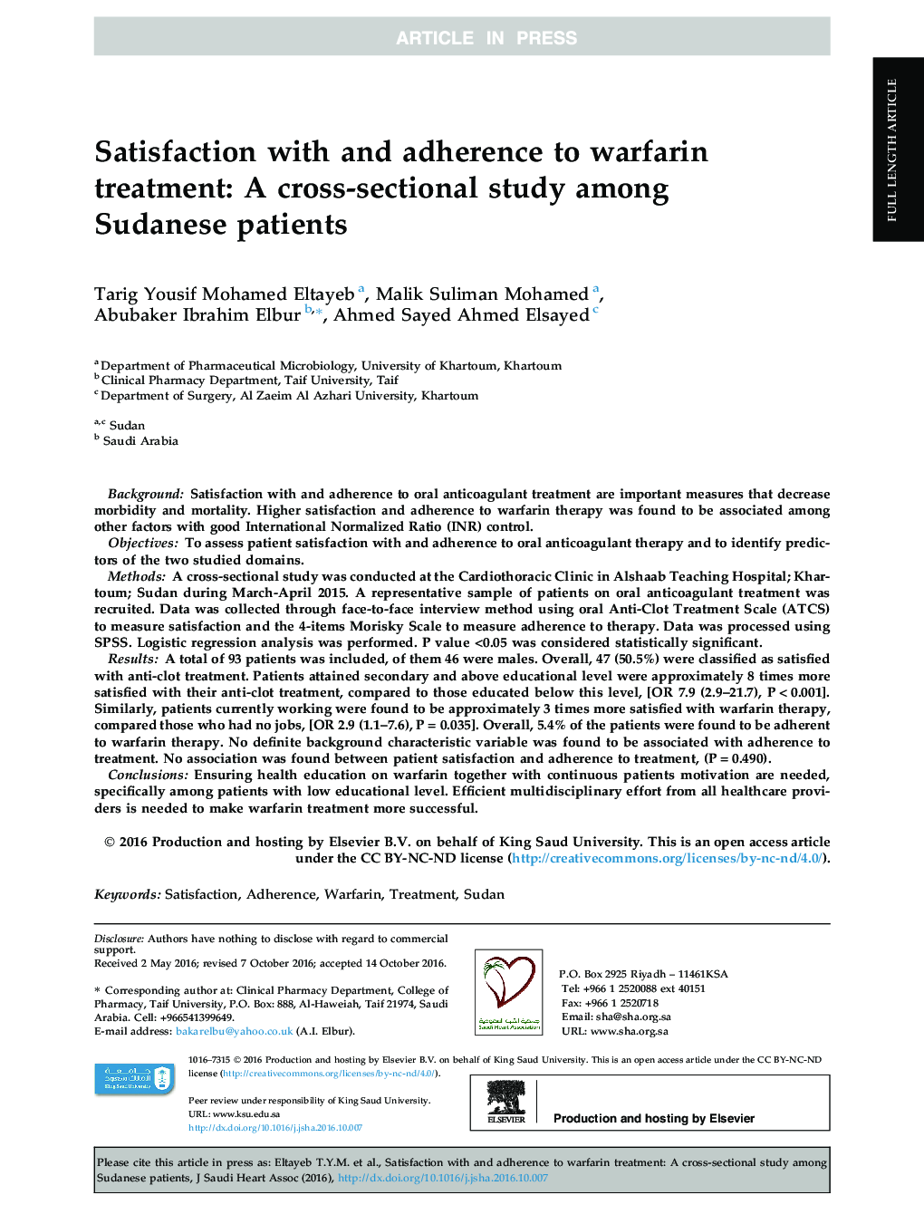 Satisfaction with and adherence to warfarin treatment: A cross-sectional study among Sudanese patients